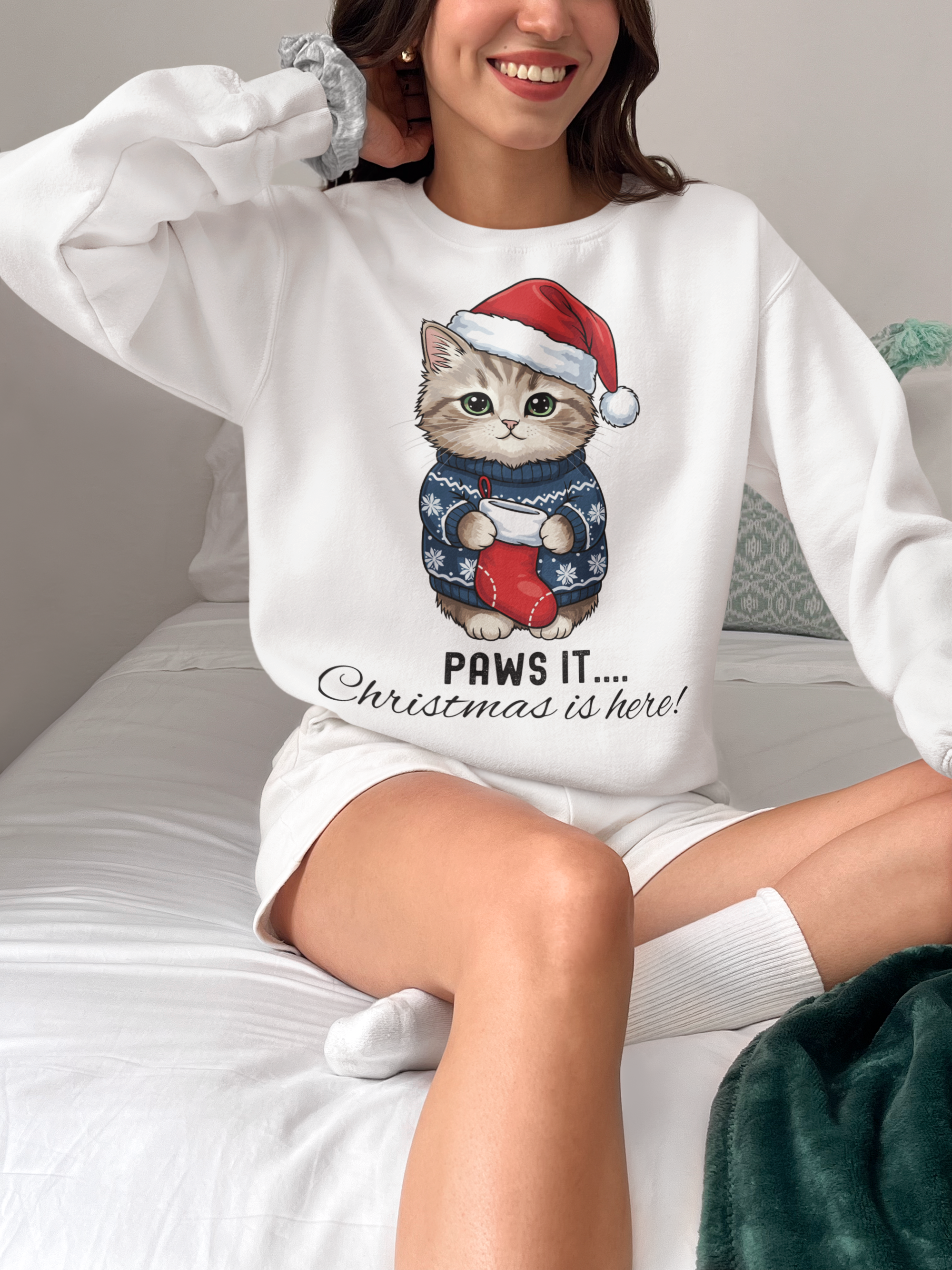 Christmas Cat Sweatshirt — Funny Cat Holding a Sock Holiday Crewneck product thumbnail image