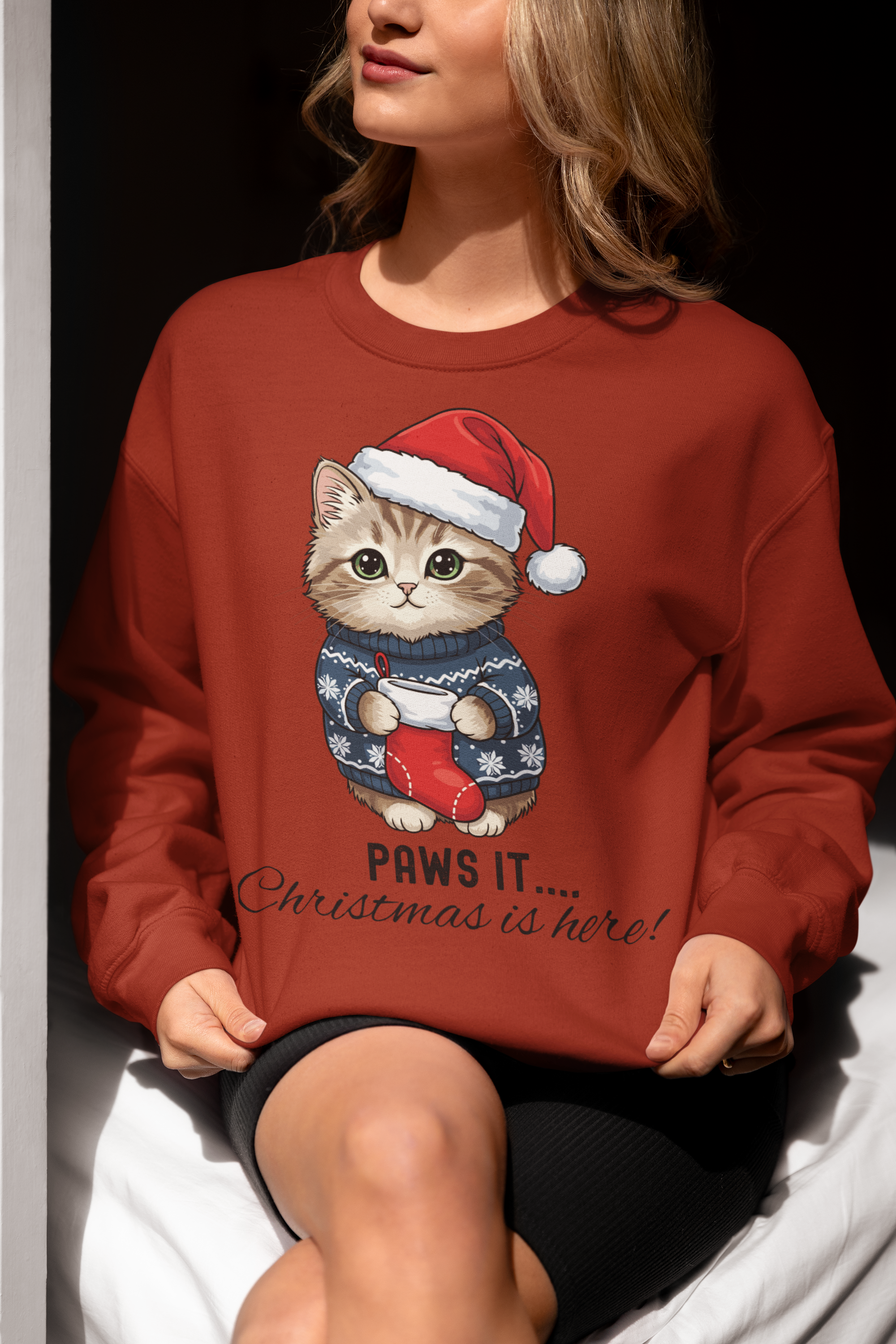 Christmas Cat Sweatshirt — Funny Cat Holding a Sock Holiday Crewneck product thumbnail image Christmas Cat Sweatshirt — Funny Cat Holding a Sock Holiday Crewneck product thumbnail image