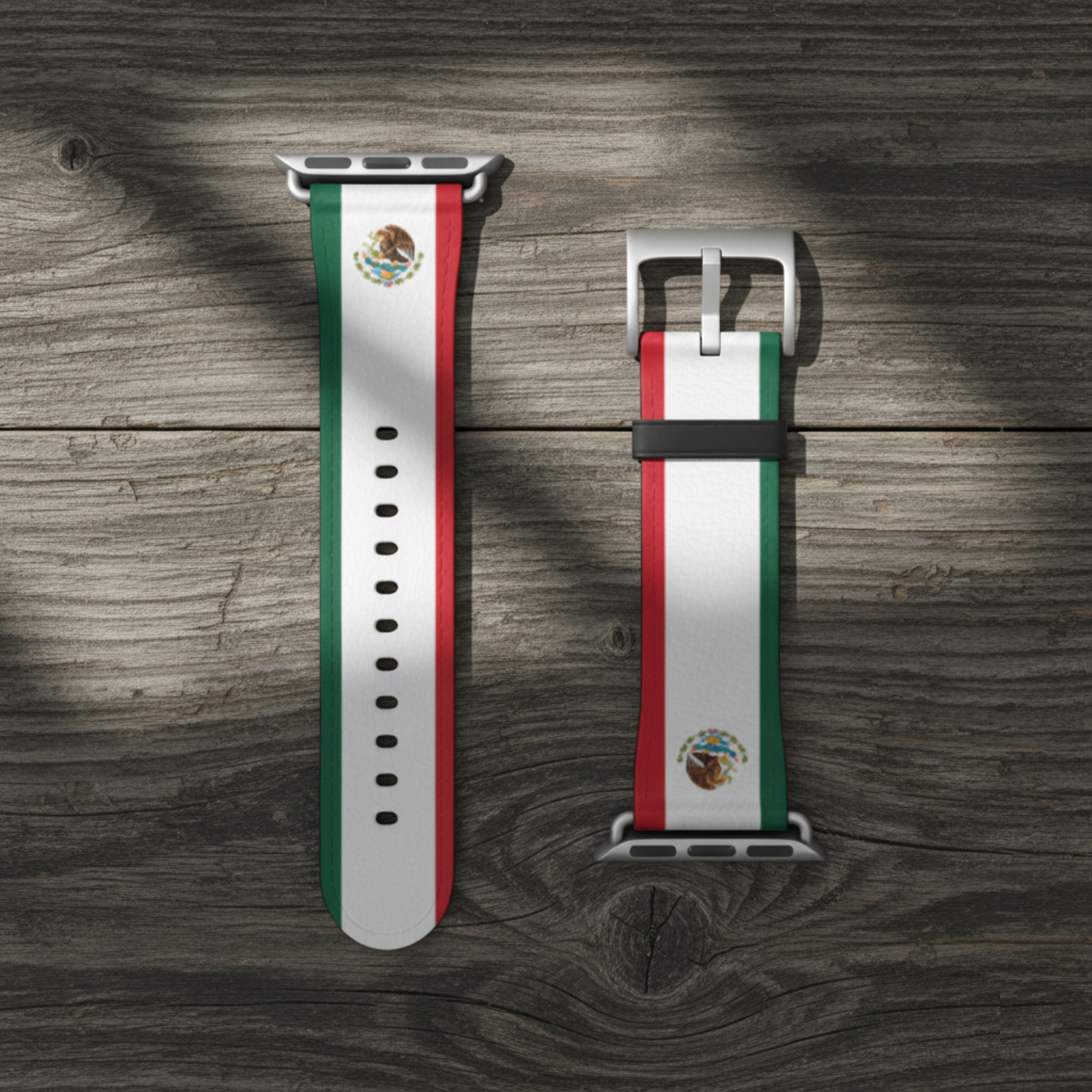 Mexican Flag Watch Band — Green White Red Leather Strap with Mexican Coat of Arms product thumbnail image Mexican Flag Watch Band — Green White Red Leather Strap with Mexican Coat of Arms product thumbnail image