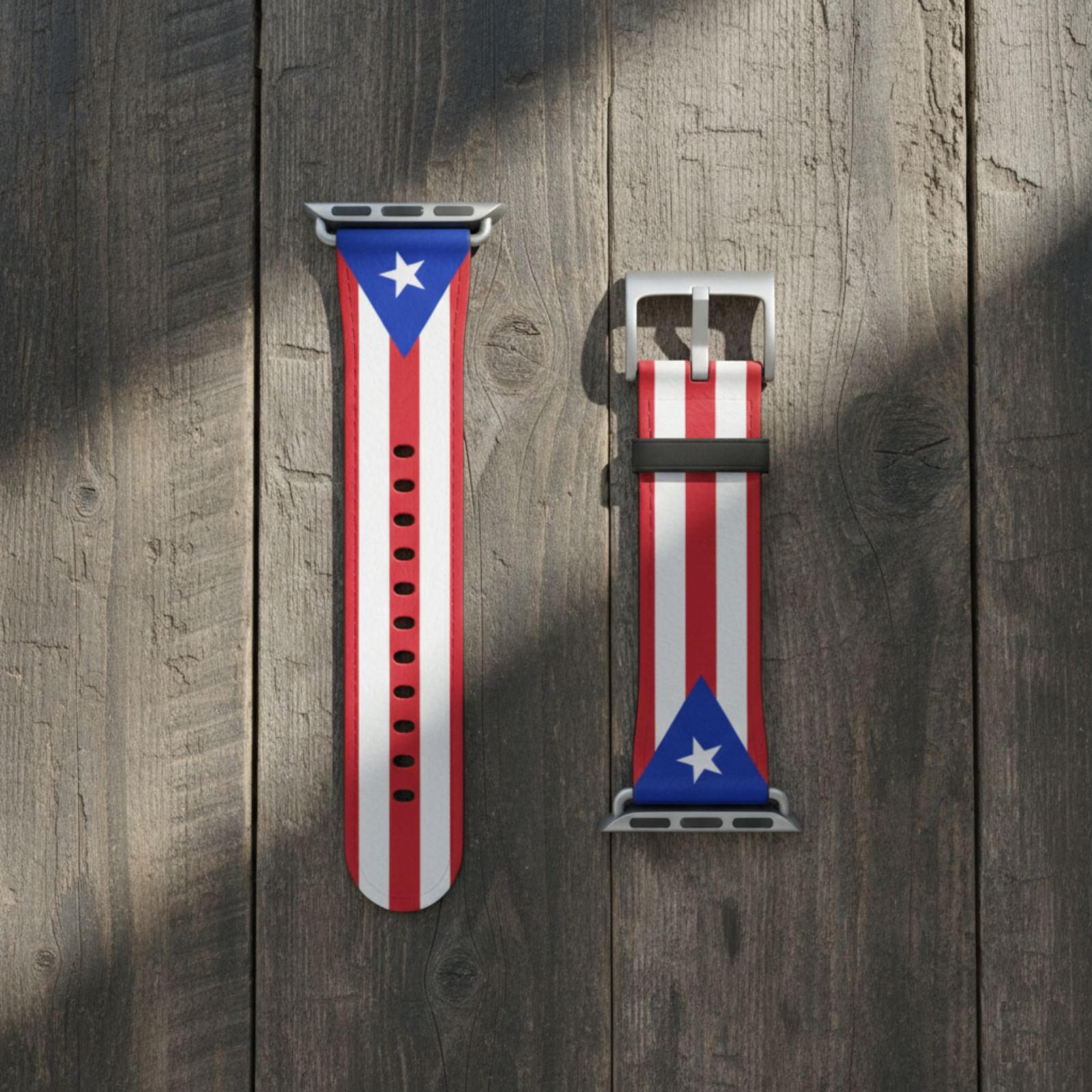 Puerto Rico Flag Watch Band — Red &amp; White Striped Apple Watch Strap with Blue Star Accent product thumbnail image