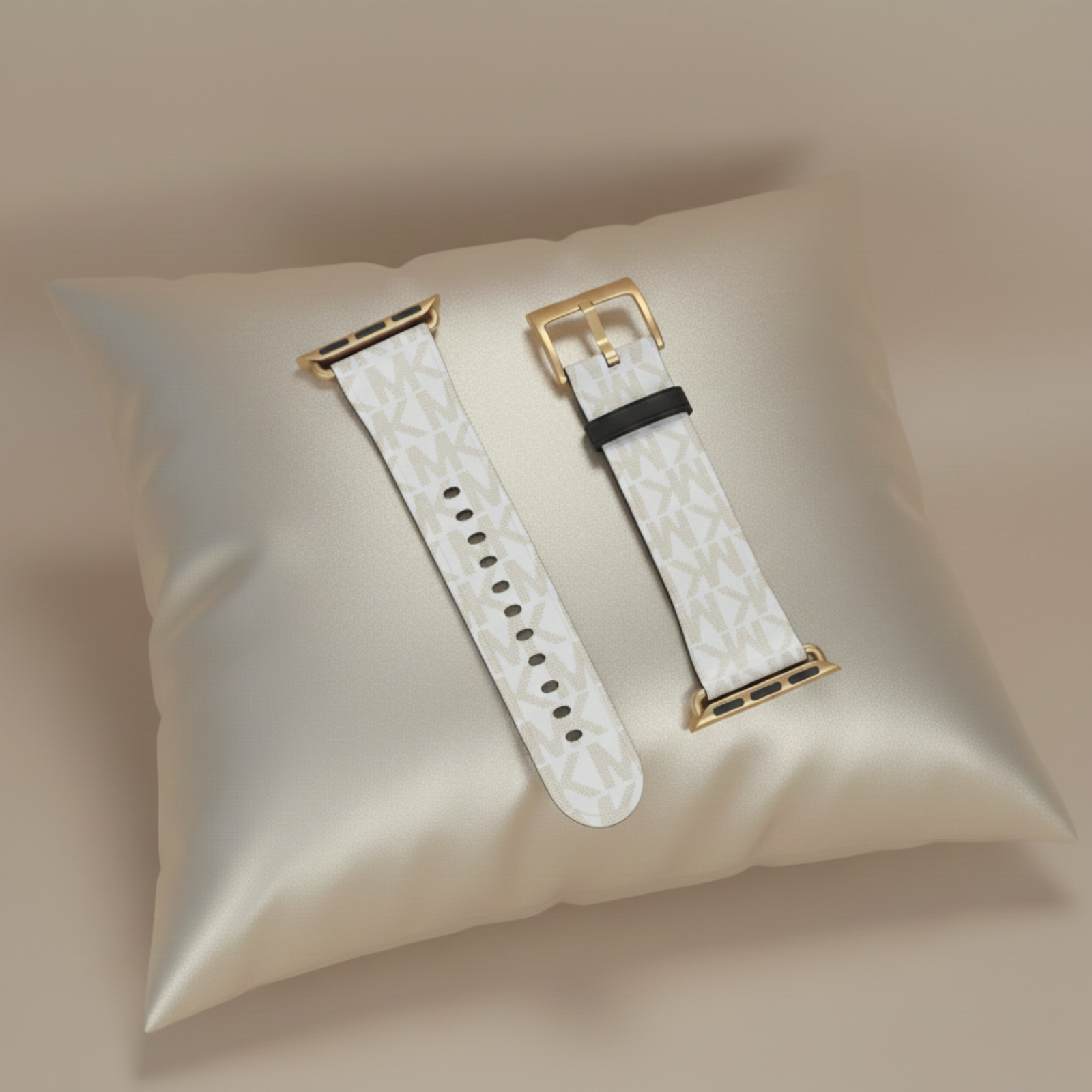 MK Monogram Leather Watch Band — Beige Designer Apple Watch Strap