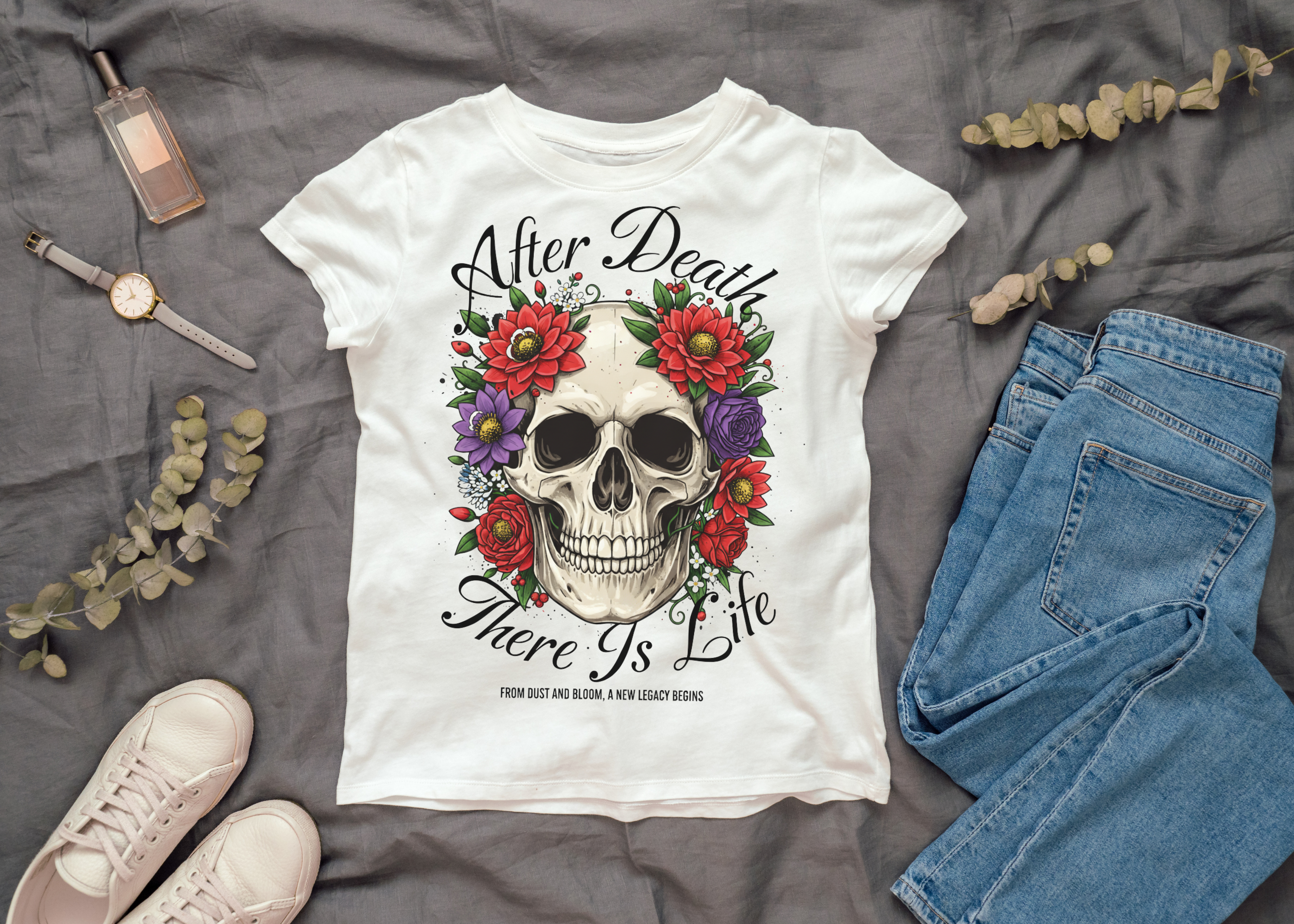 After Death There Is Life Skull &amp; Red Roses T-Shirt product thumbnail image
