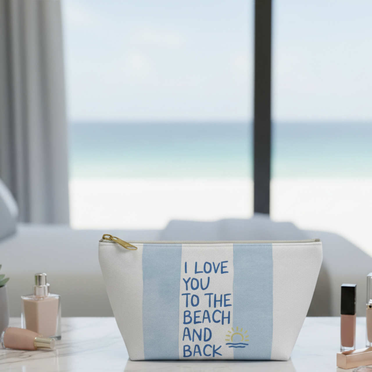 I Love You To The Beach And Back Pouch, Blue Striped Coastal Makeup Bag, Beach Lover Gift, Summer Cosmetic Bag, Ocean Lover Accessory Case product thumbnail image I Love You To The Beach And Back Pouch, Blue Striped Coastal Makeup Bag, Beach Lover Gift, Summer Cosmetic Bag, Ocean Lover Accessory Case product thumbnail image