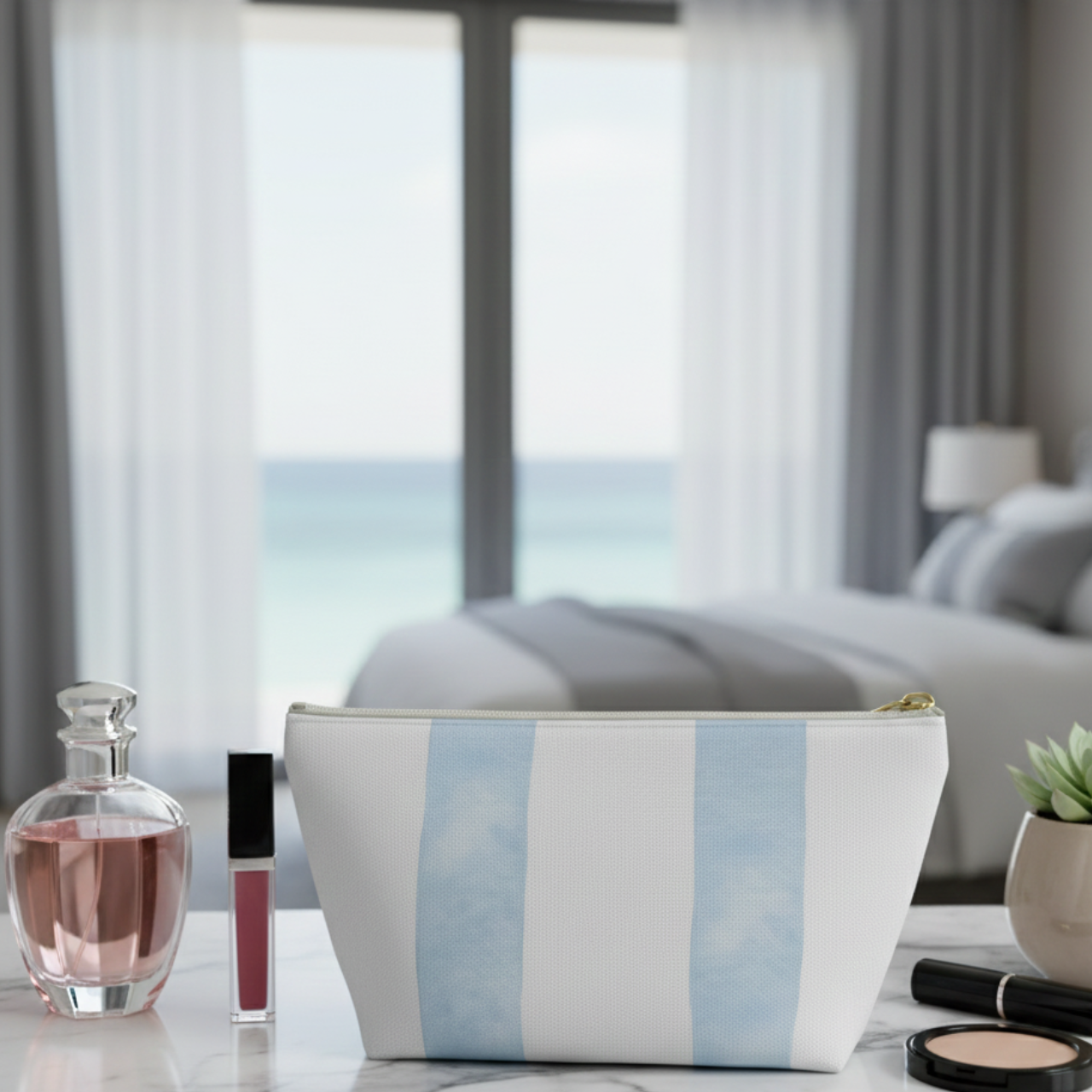 I Love You To The Beach And Back Pouch, Blue Striped Coastal Makeup Bag, Beach Lover Gift, Summer Cosmetic Bag, Ocean Lover Accessory Case product thumbnail image I Love You To The Beach And Back Pouch, Blue Striped Coastal Makeup Bag, Beach Lover Gift, Summer Cosmetic Bag, Ocean Lover Accessory Case product thumbnail image