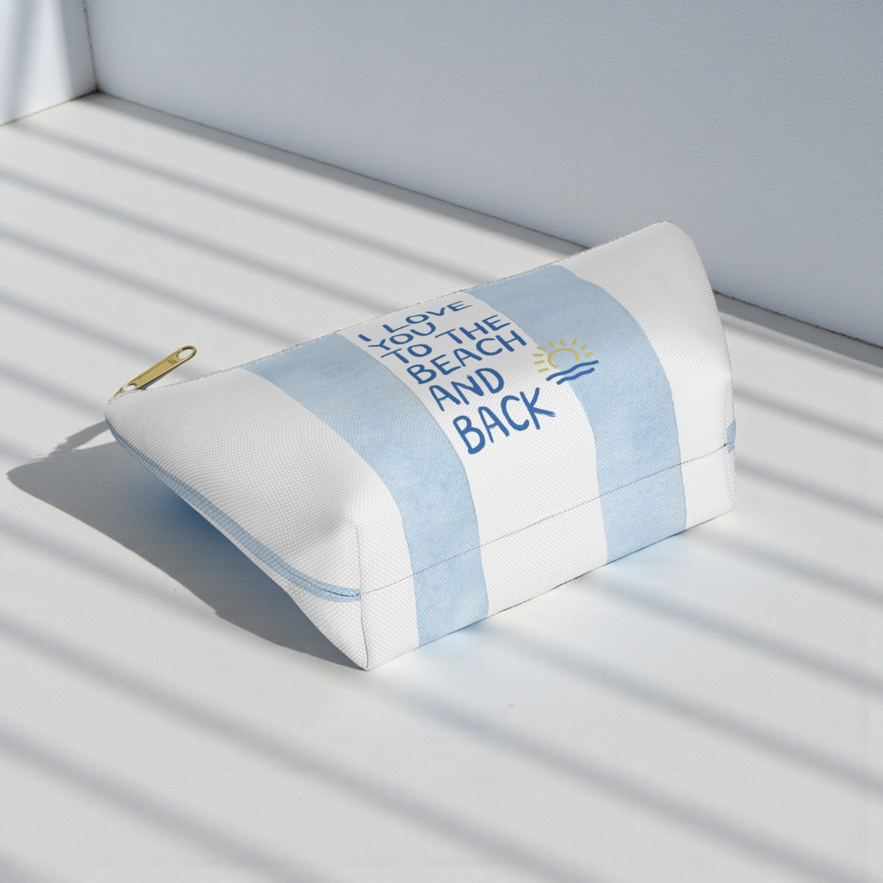 I Love You To The Beach And Back Pouch, Blue Striped Coastal Makeup Bag, Beach Lover Gift, Summer Cosmetic Bag, Ocean Lover Accessory Case product thumbnail image I Love You To The Beach And Back Pouch, Blue Striped Coastal Makeup Bag, Beach Lover Gift, Summer Cosmetic Bag, Ocean Lover Accessory Case product thumbnail image