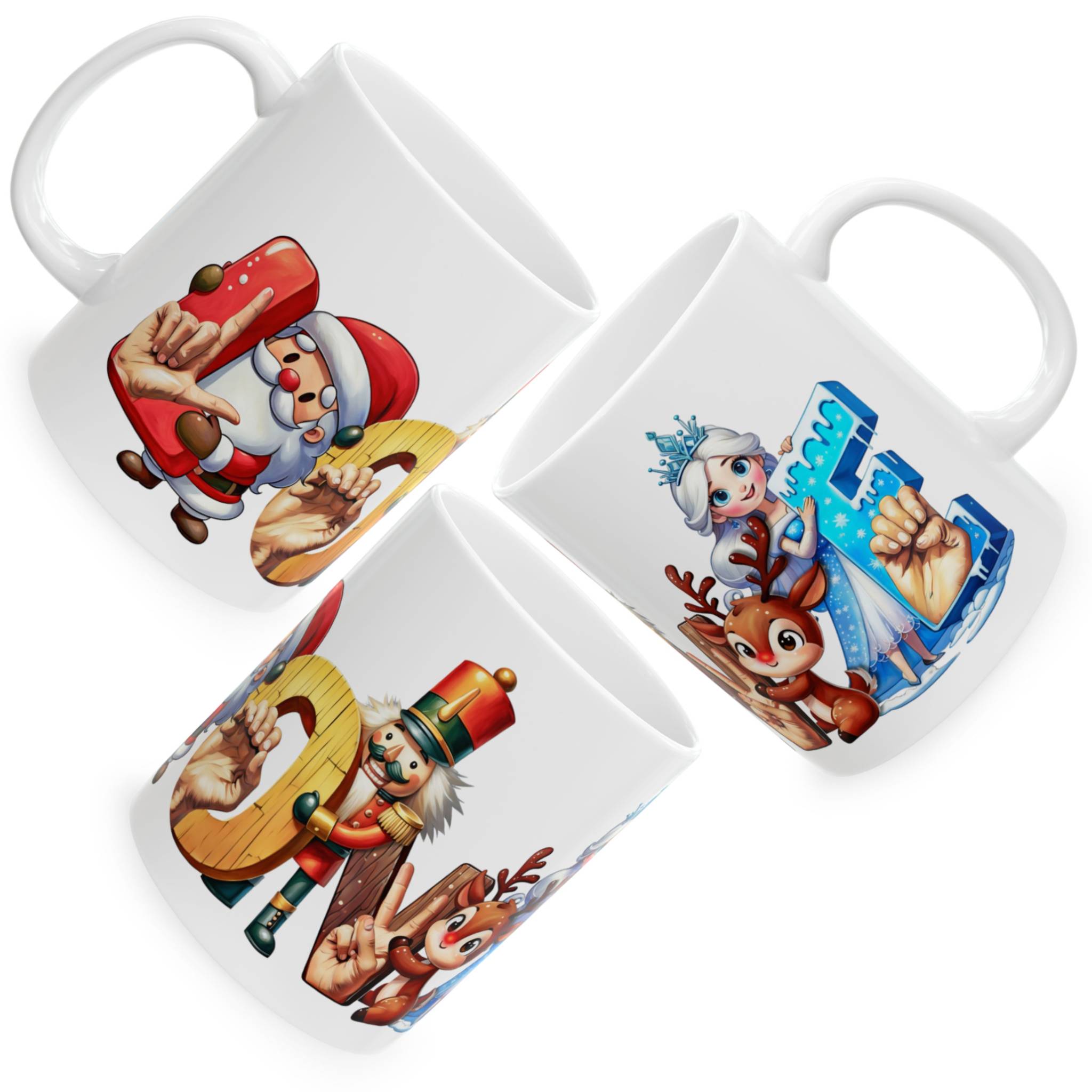 ASL (American Sign Language) Fingerspelling 'Love' Christmas Holiday Mug - Festive 'Fonts" Design with Santa Claus, Nutcracker, Reindeer & Ice Princess (11oz, 15oz) product thumbnail image ASL (American Sign Language) Fingerspelling 'Love' Christmas Holiday Mug - Festive 'Fonts" Design with Santa Claus, Nutcracker, Reindeer & Ice Princess (11oz, 15oz) product thumbnail image