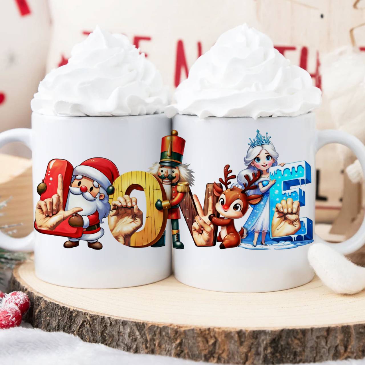 ASL (American Sign Language) Fingerspelling 'Love' Christmas Holiday Mug - Festive 'Fonts" Design with Santa Claus, Nutcracker, Reindeer & Ice Princess (11oz, 15oz) product thumbnail image ASL (American Sign Language) Fingerspelling 'Love' Christmas Holiday Mug - Festive 'Fonts" Design with Santa Claus, Nutcracker, Reindeer & Ice Princess (11oz, 15oz) product thumbnail image
