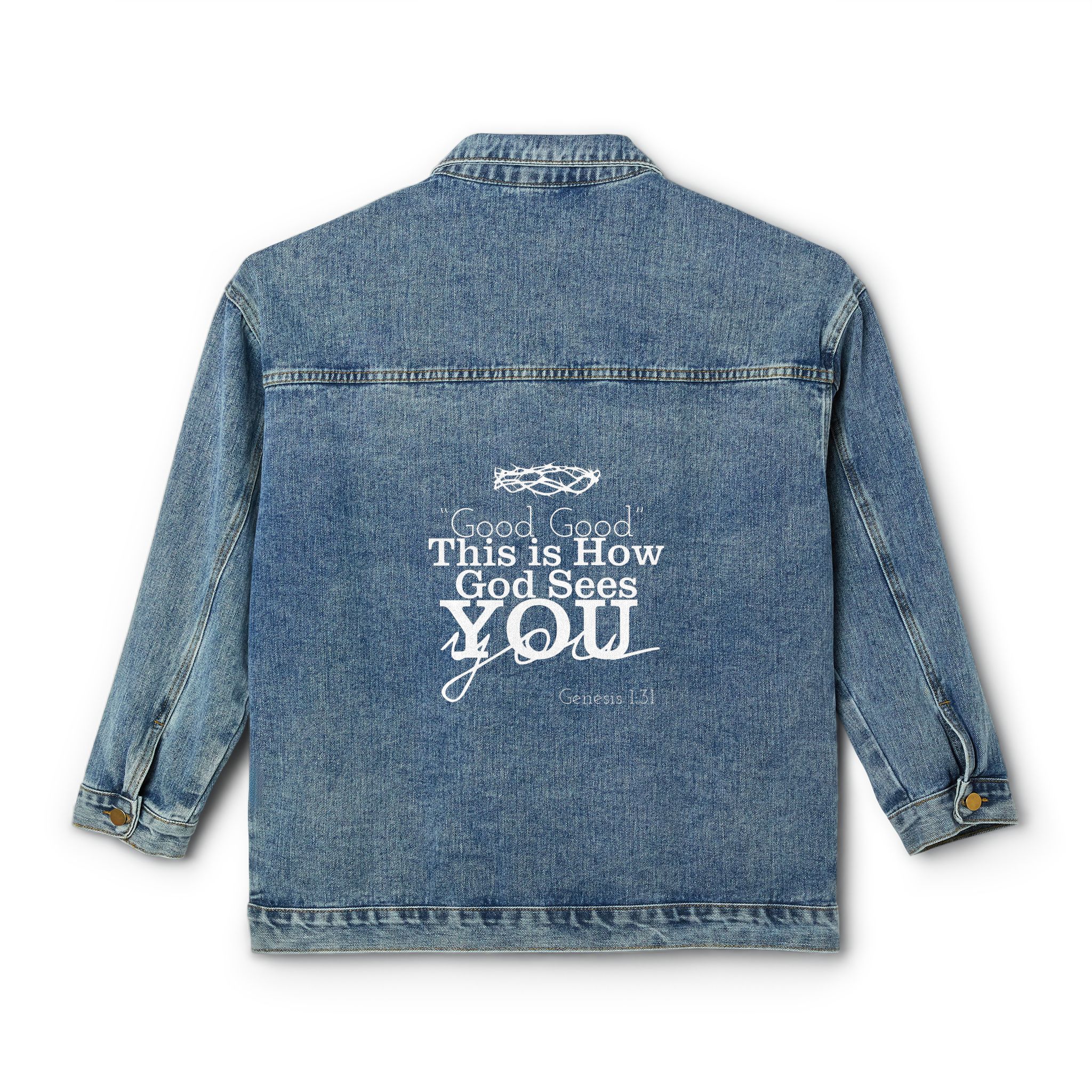 Women's - Good Good This is How God Sees You Genesis 1:31 Denim Jacket product thumbnail image Women's - Good Good This is How God Sees You Genesis 1:31 Denim Jacket product thumbnail image
