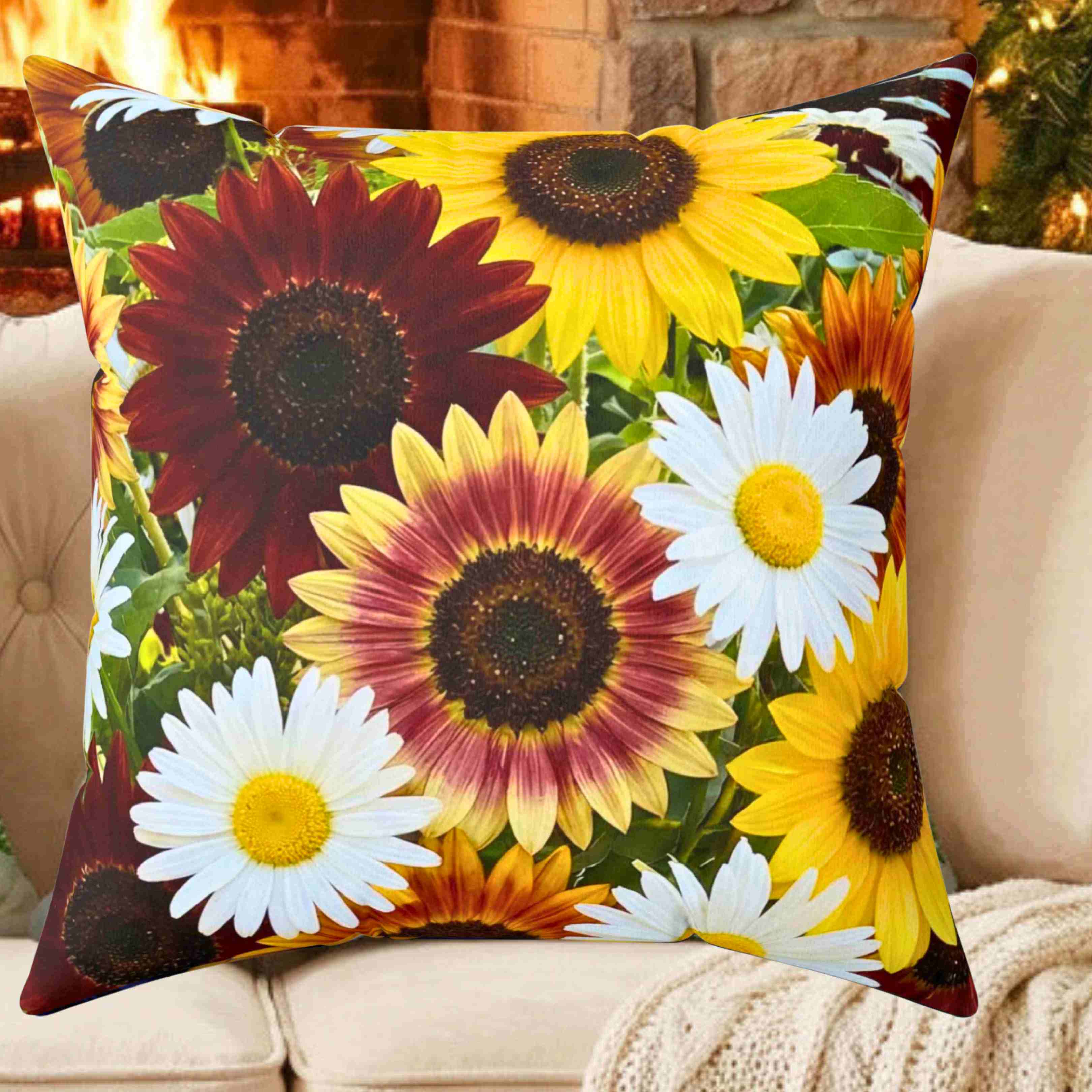 Sunflower and Daisy Pattern Pillow | Floral Throw Pillow, Square Cushion