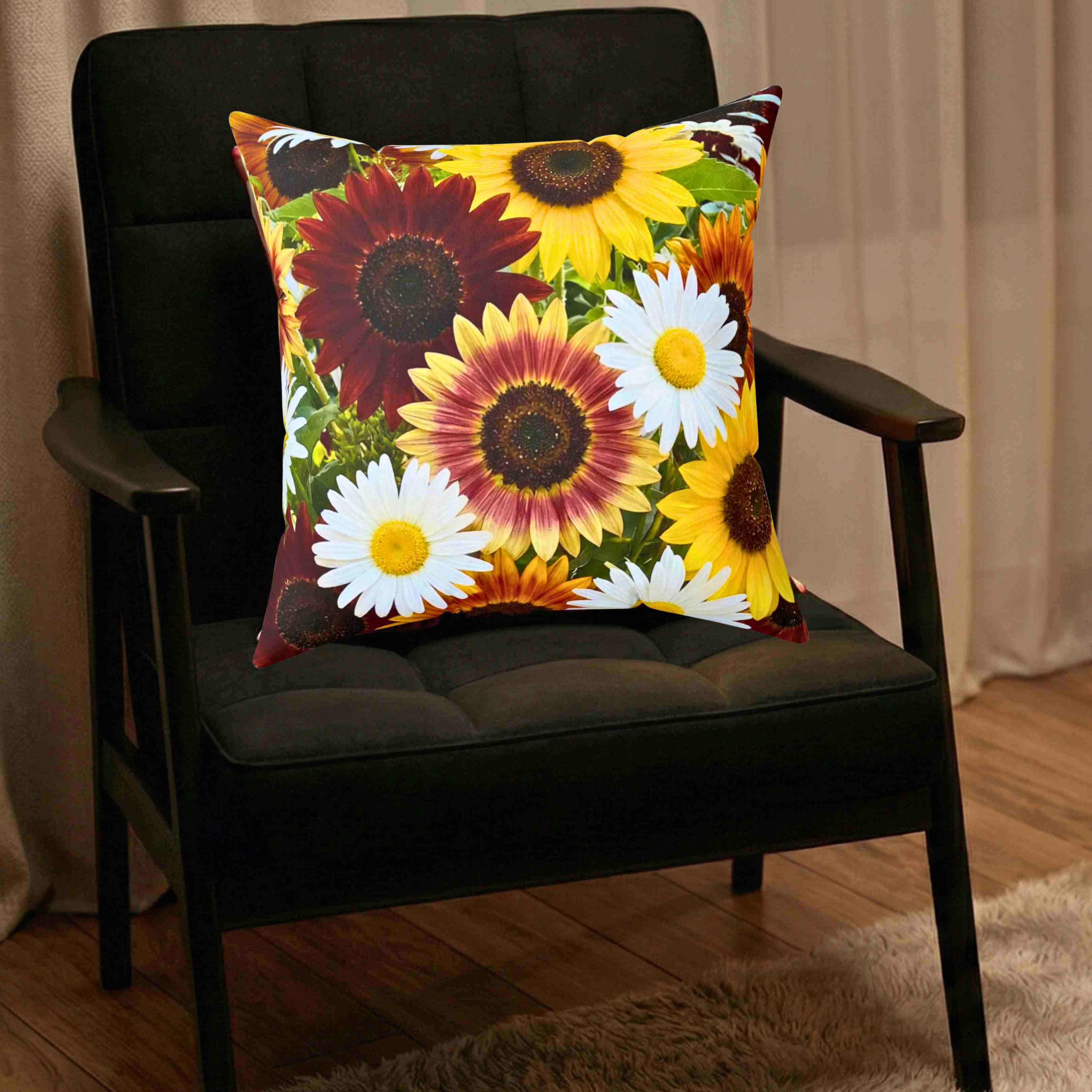 Sunflower and Daisy Pattern Pillow | Floral Throw Pillow, Square Cushion product thumbnail image