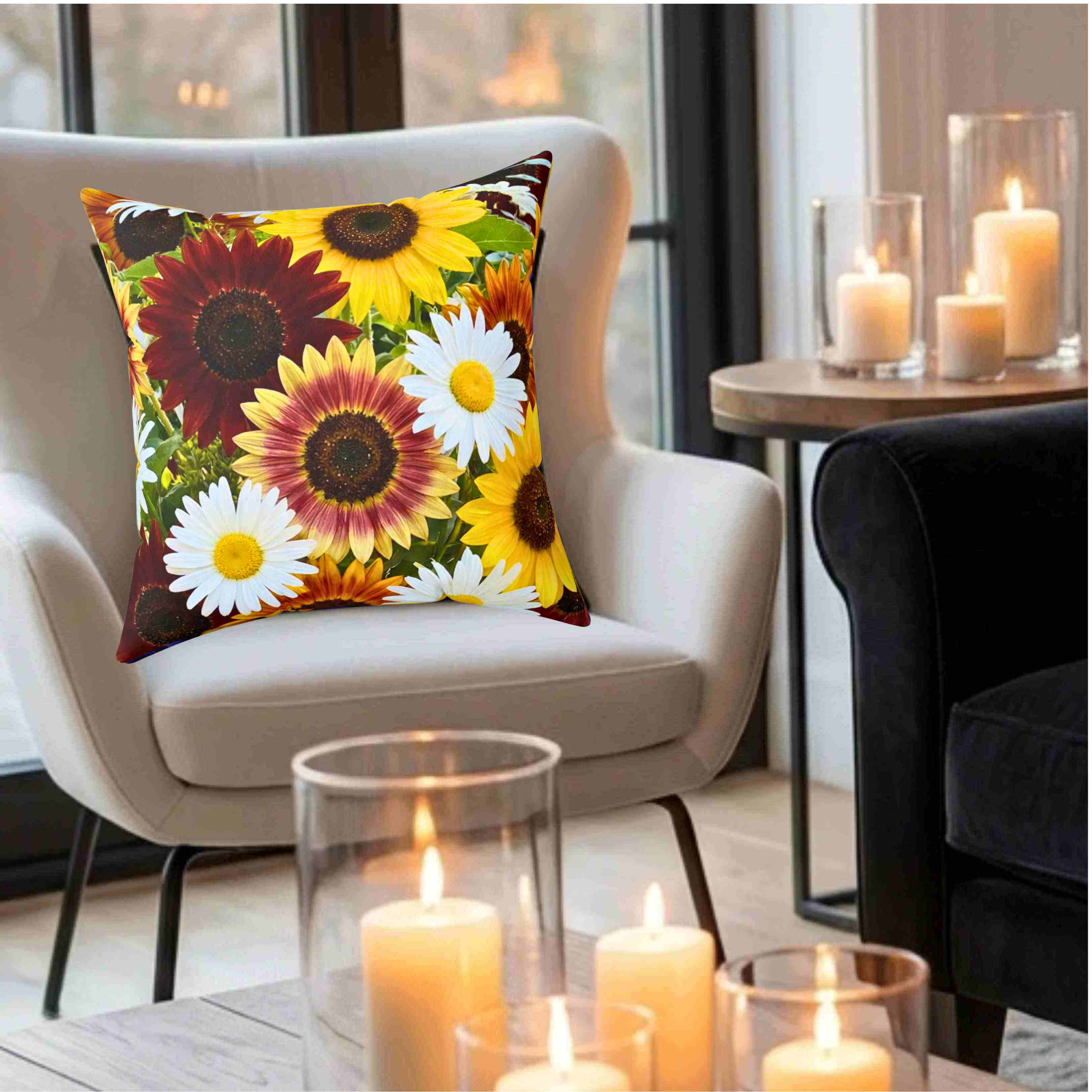 Sunflower and Daisy Pattern Pillow | Floral Throw Pillow, Square Cushion product thumbnail image