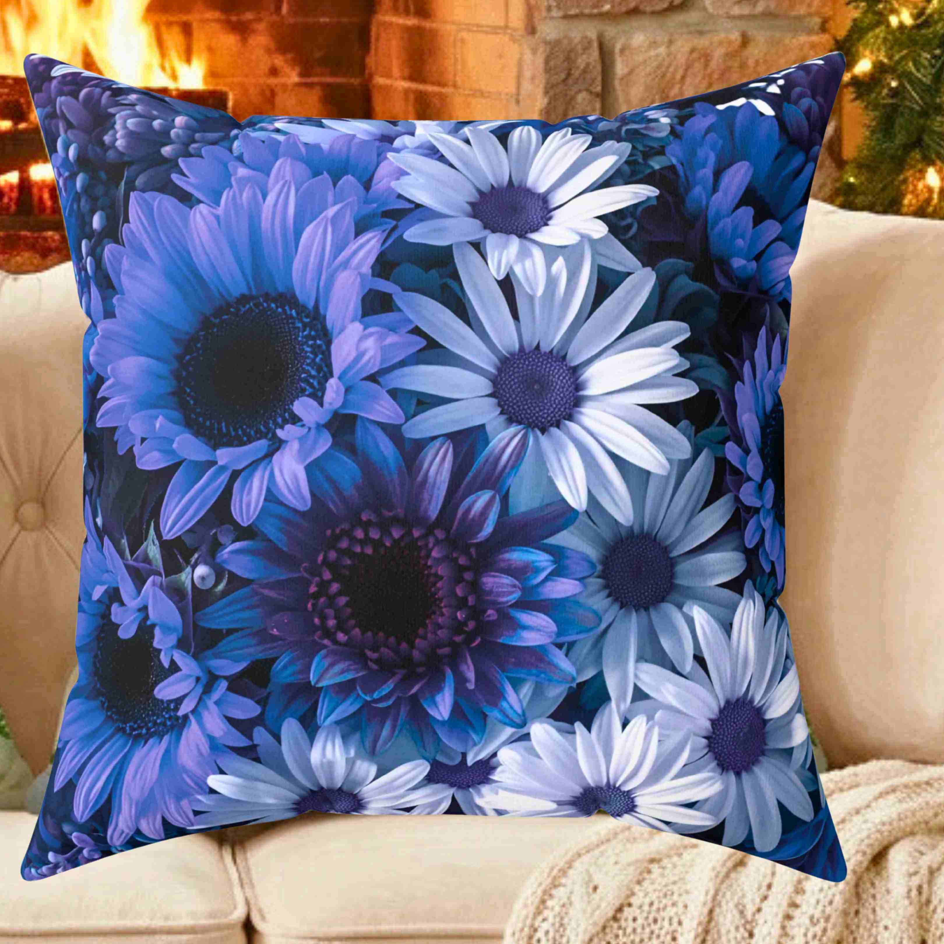 Blue Floral Print Pillow | Square Decorative Pillow, Polyester Cushion