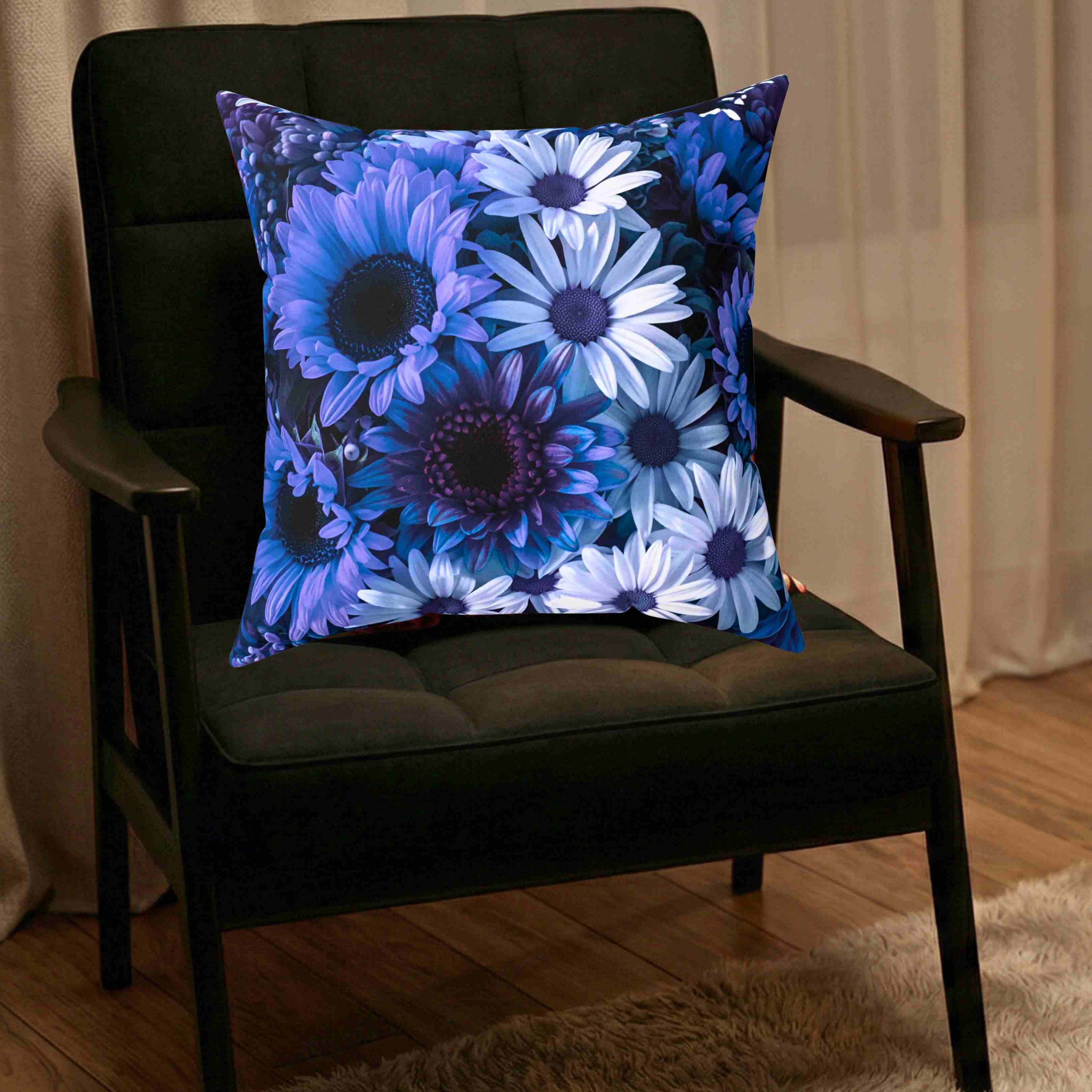 Blue Floral Print Pillow | Square Decorative Pillow, Polyester Cushion product thumbnail image