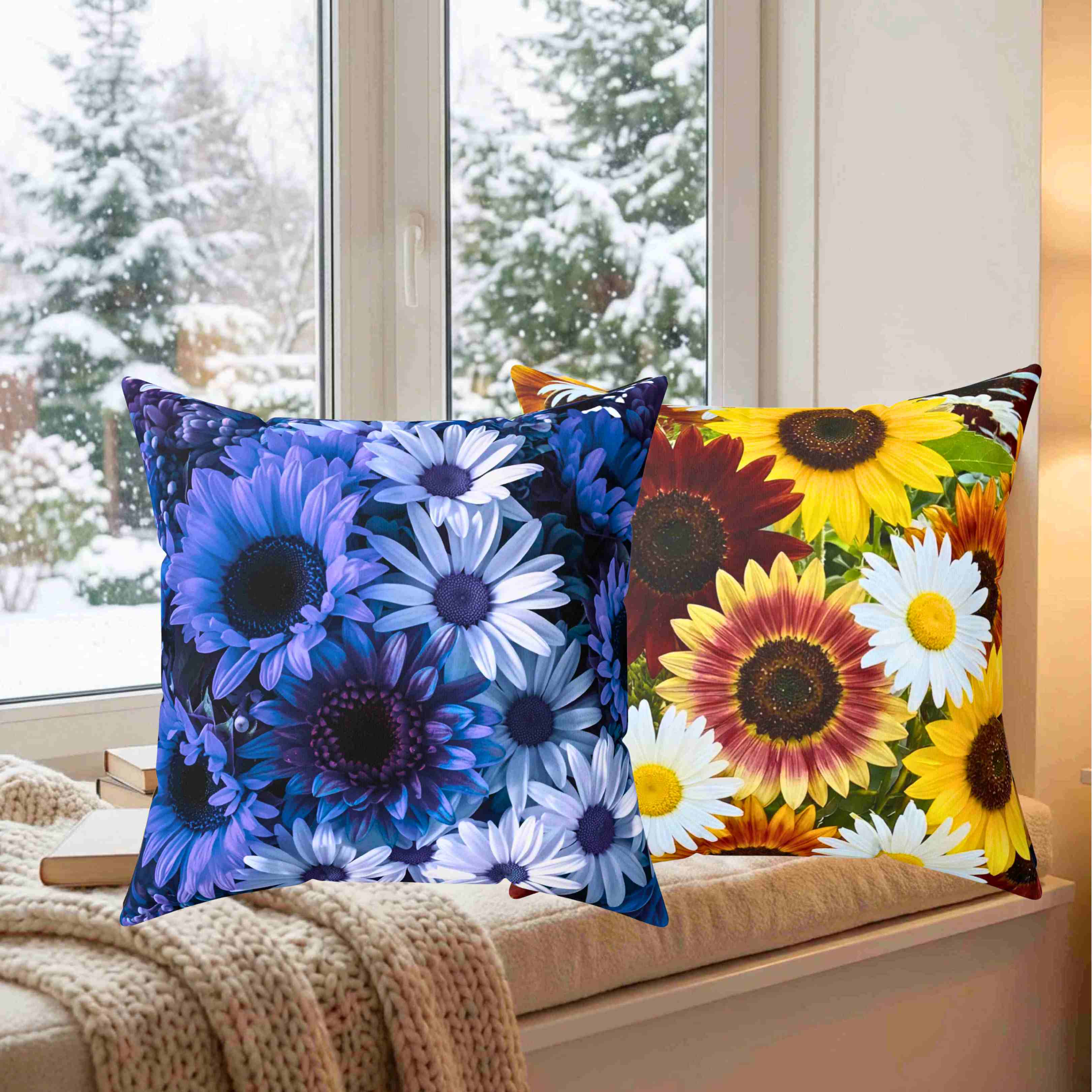 Blue Floral Print Pillow | Square Decorative Pillow, Polyester Cushion product thumbnail image