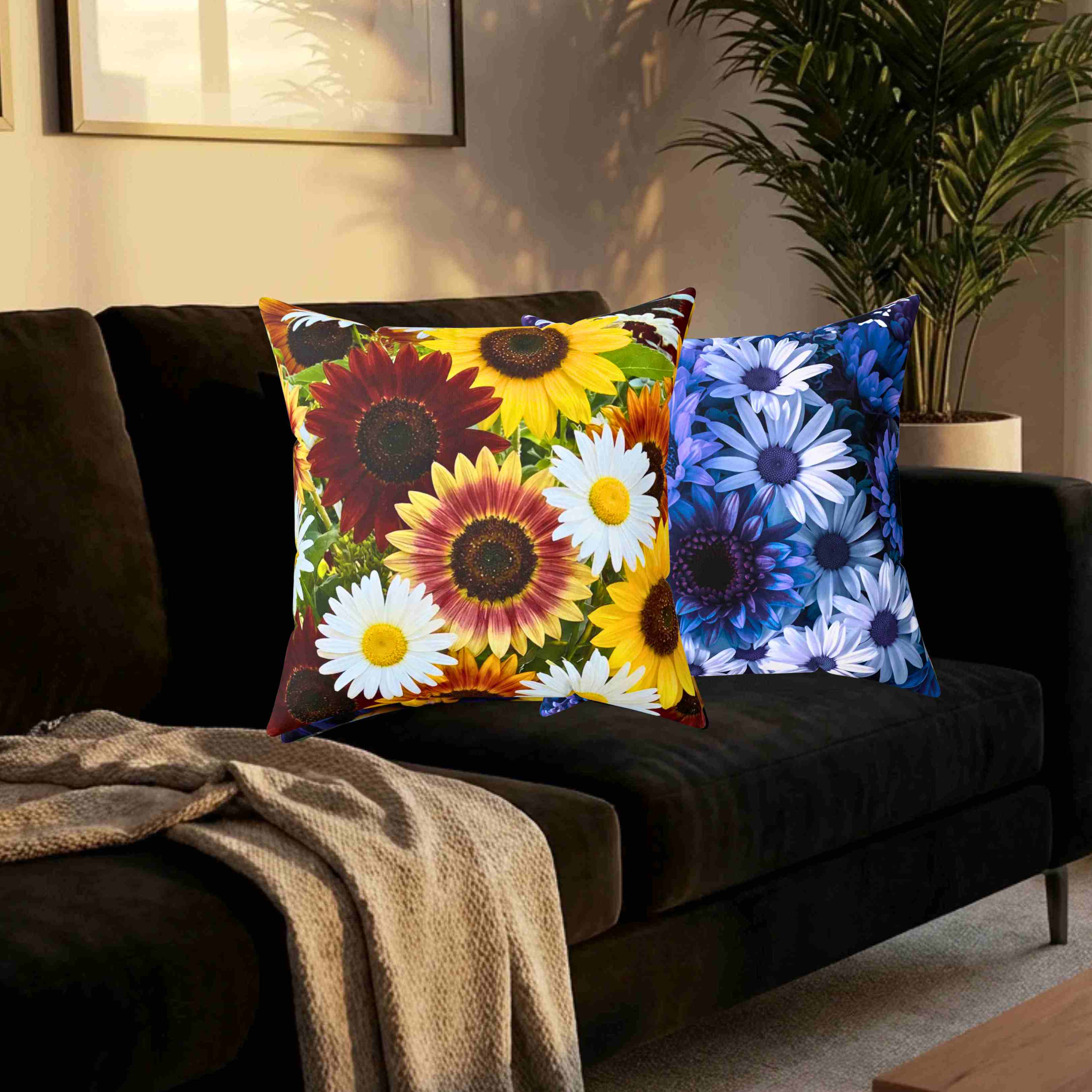Blue Floral Print Pillow | Square Decorative Pillow, Polyester Cushion product thumbnail image