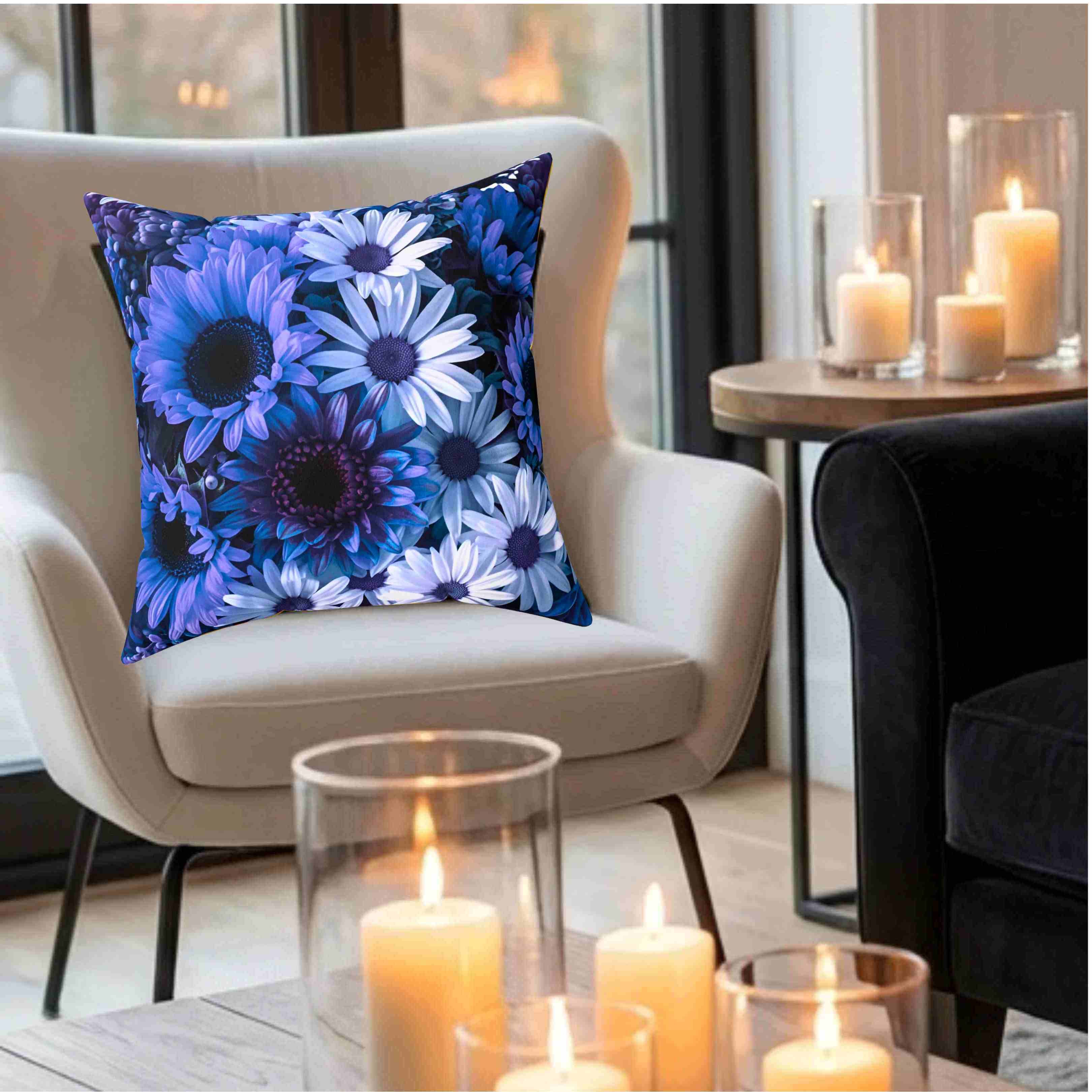Blue Floral Print Pillow | Square Decorative Pillow, Polyester Cushion product thumbnail image