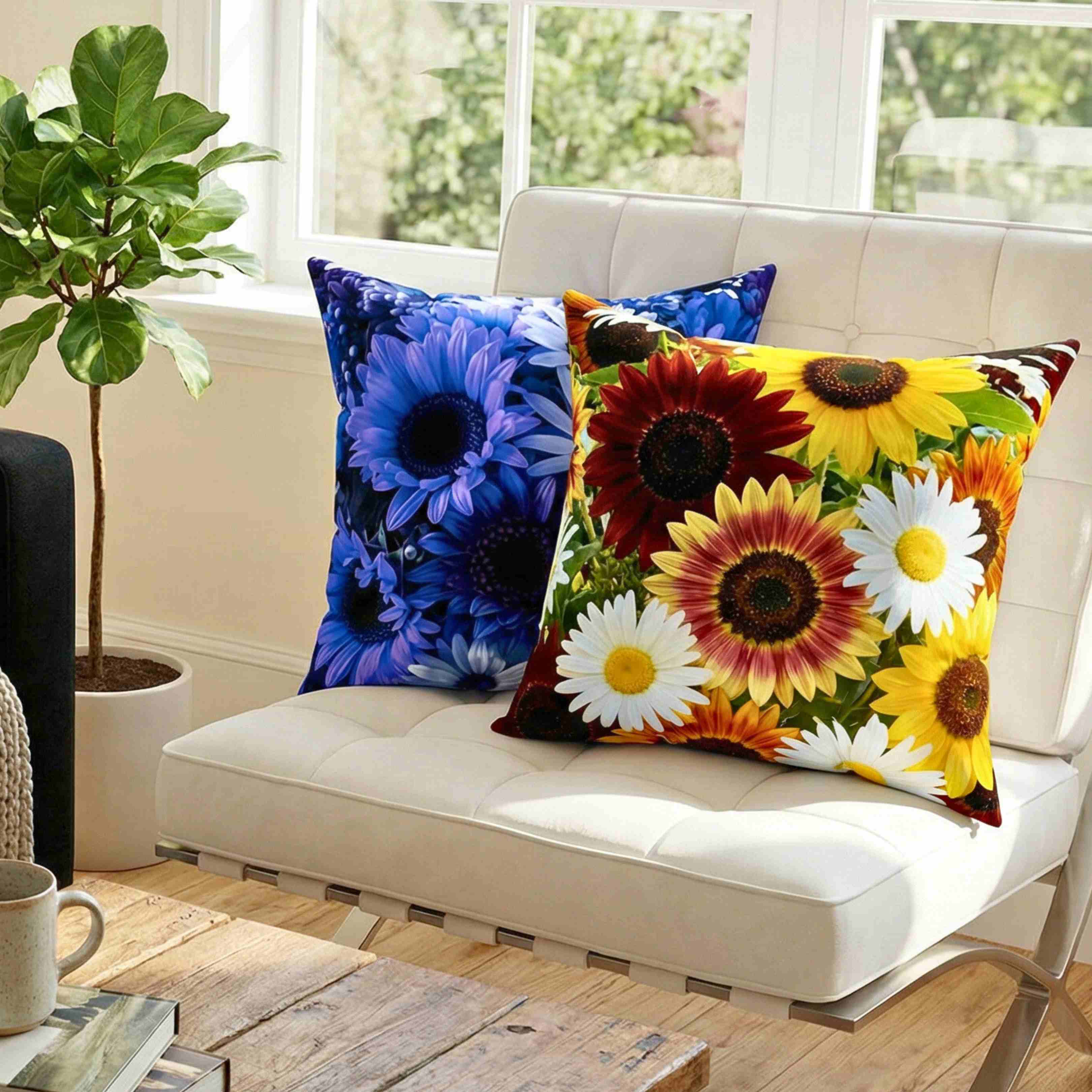 Blue Floral Print Pillow | Square Decorative Pillow, Polyester Cushion product thumbnail image