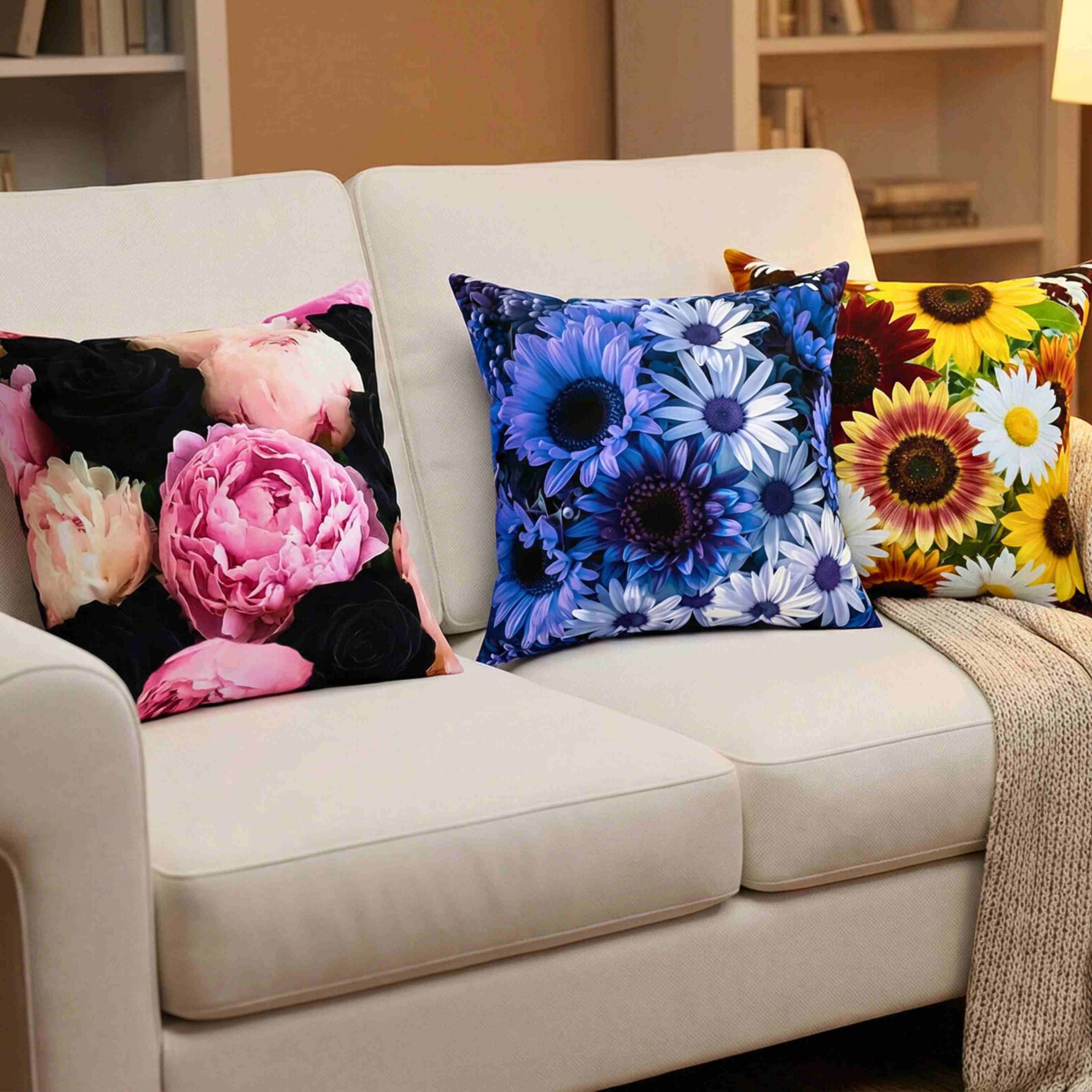 Blue Floral Print Pillow | Square Decorative Pillow, Polyester Cushion product thumbnail image