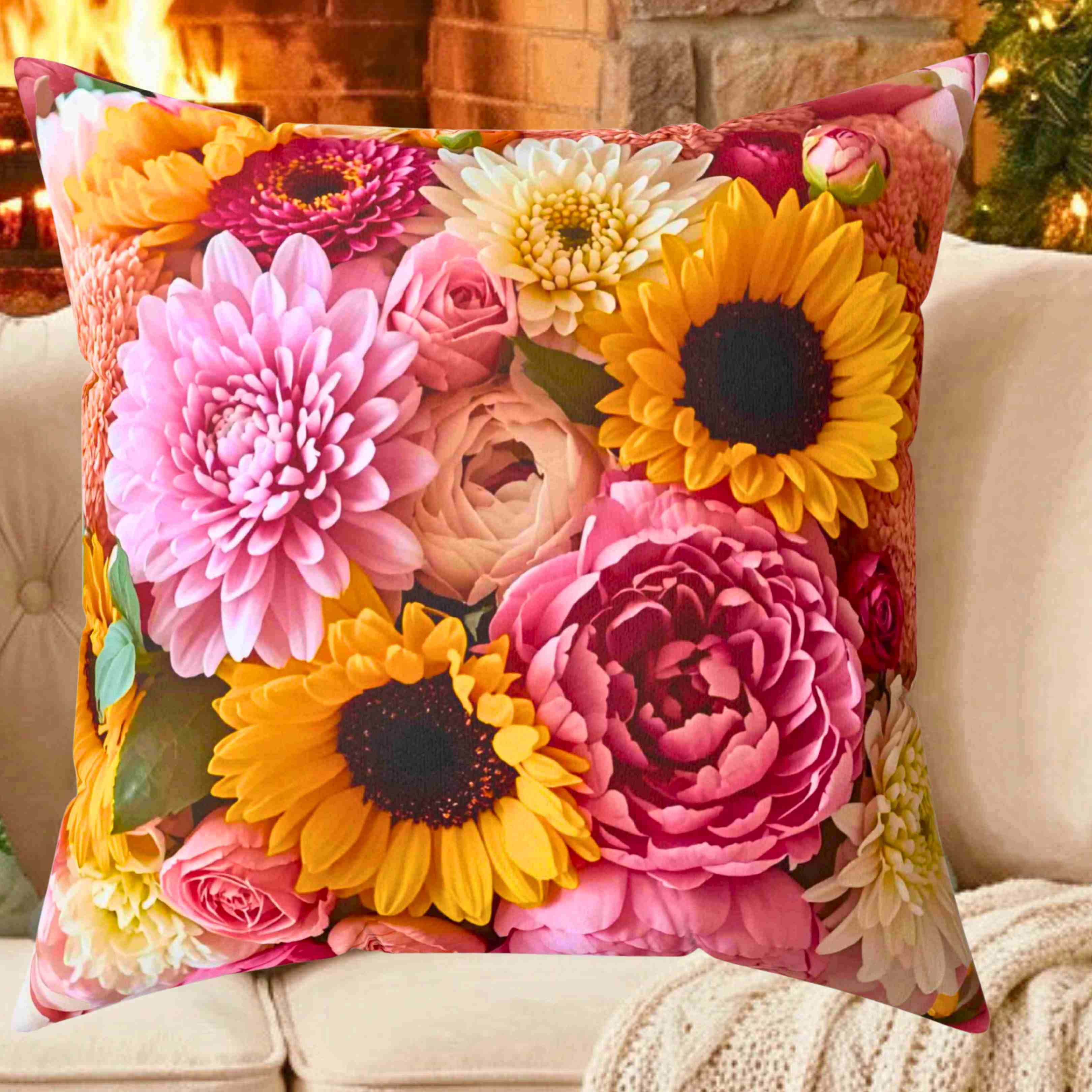 Sunflower and Pink Floral Pillow | Decorative Square Cushion