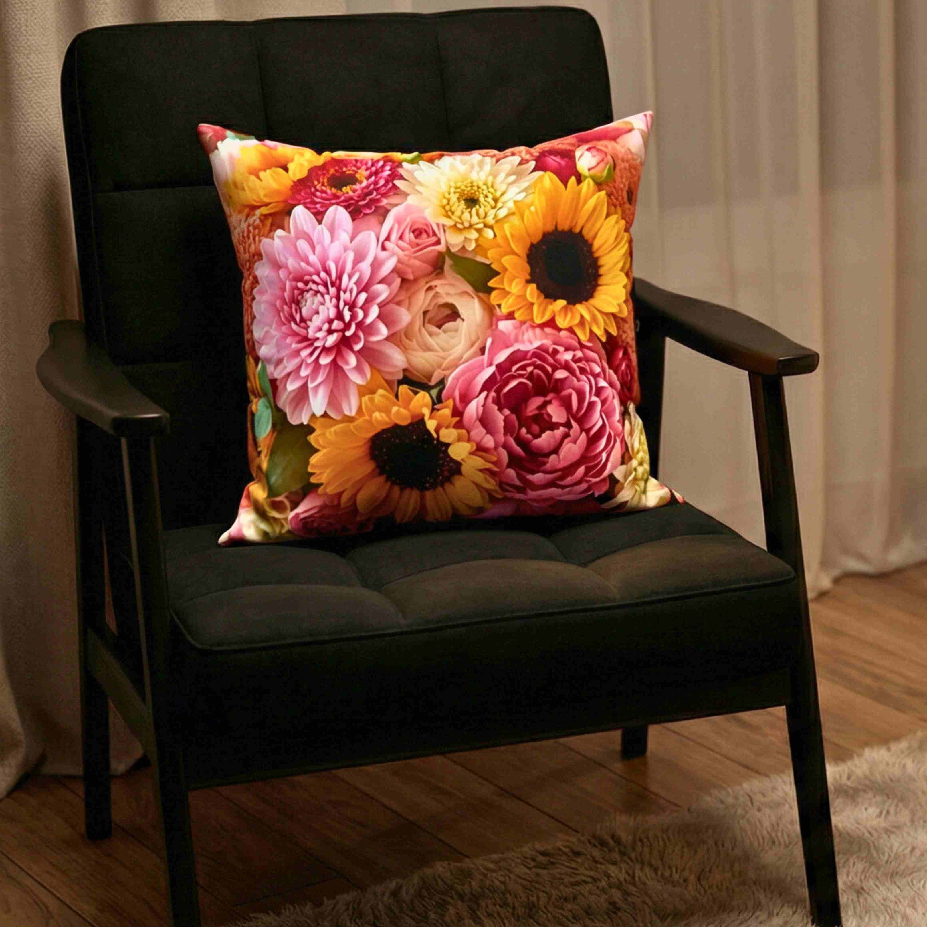 Sunflower and Pink Floral Pillow | Decorative Square Cushion product thumbnail image