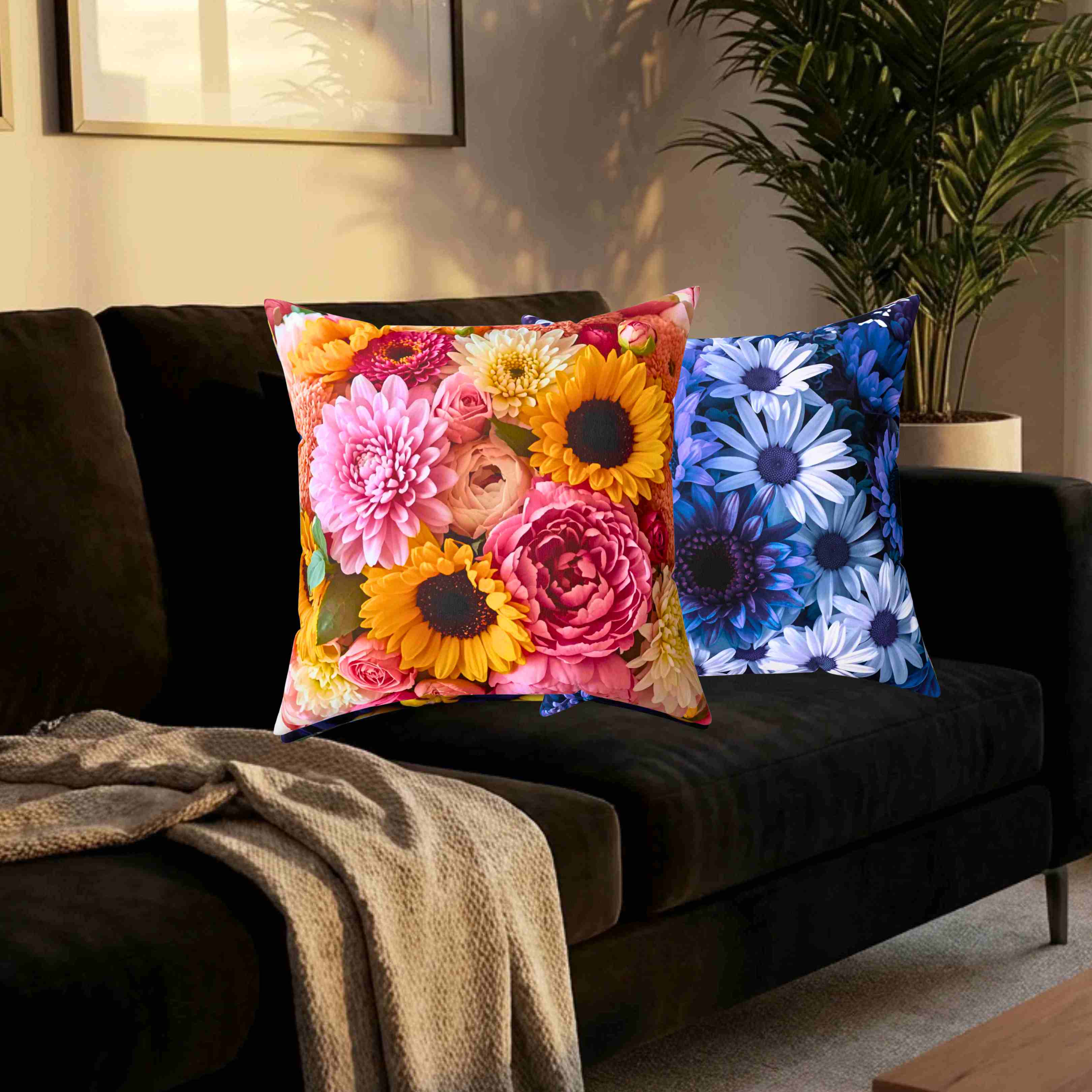 Sunflower and Pink Floral Pillow | Decorative Square Cushion product thumbnail image