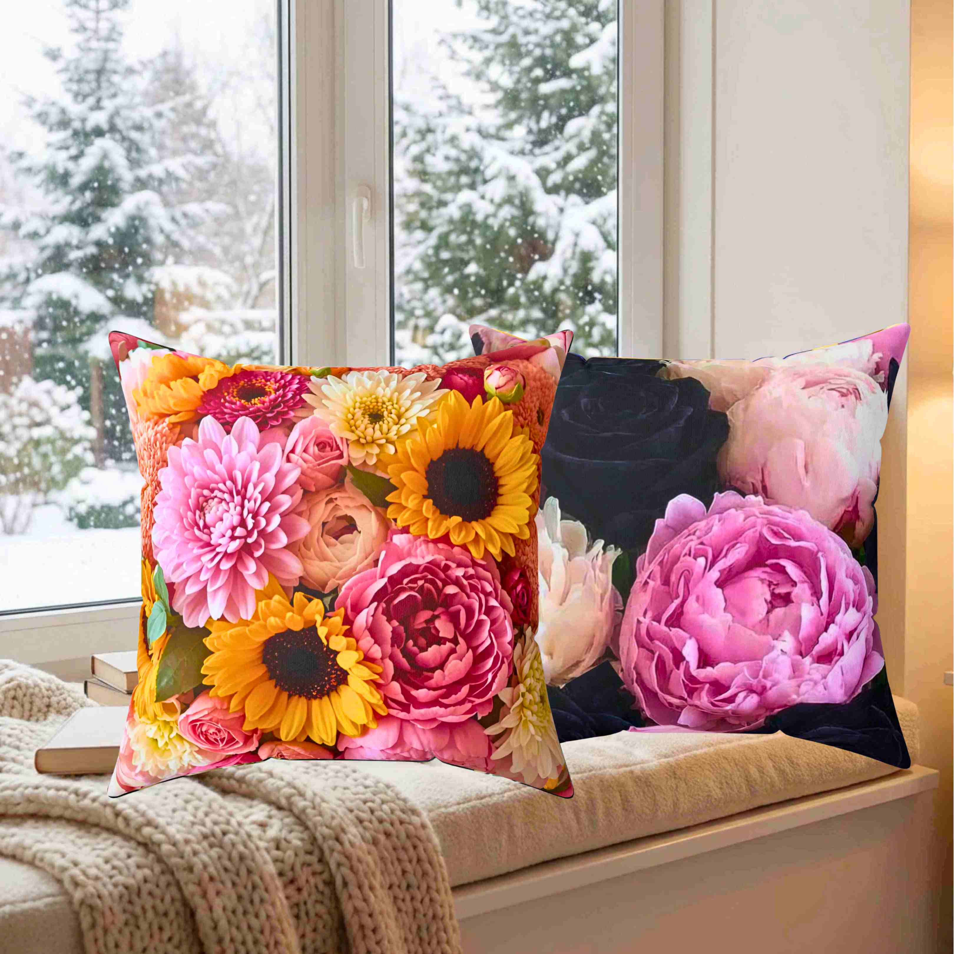 Sunflower and Pink Floral Pillow | Decorative Square Cushion product thumbnail image