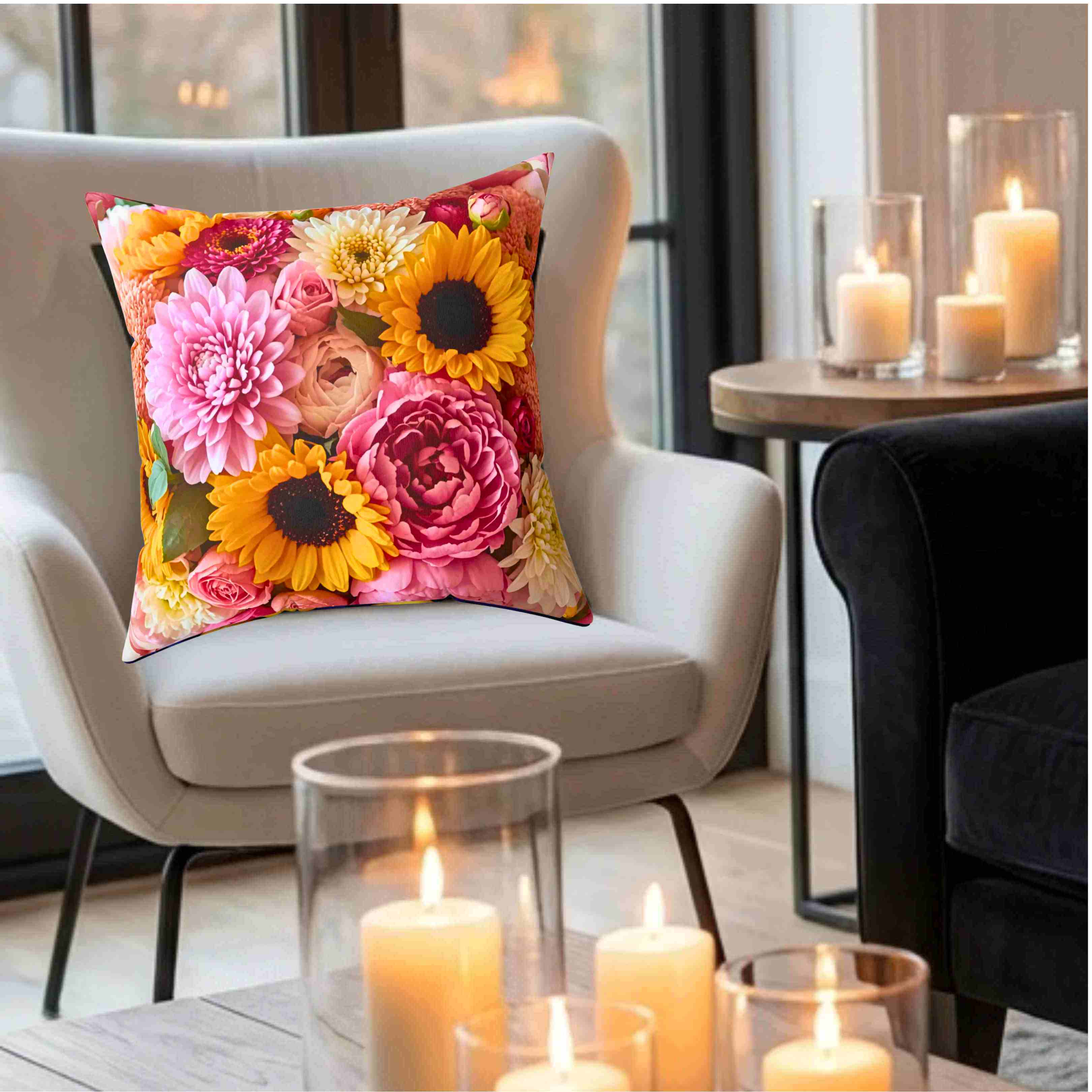 Sunflower and Pink Floral Pillow | Decorative Square Cushion product thumbnail image