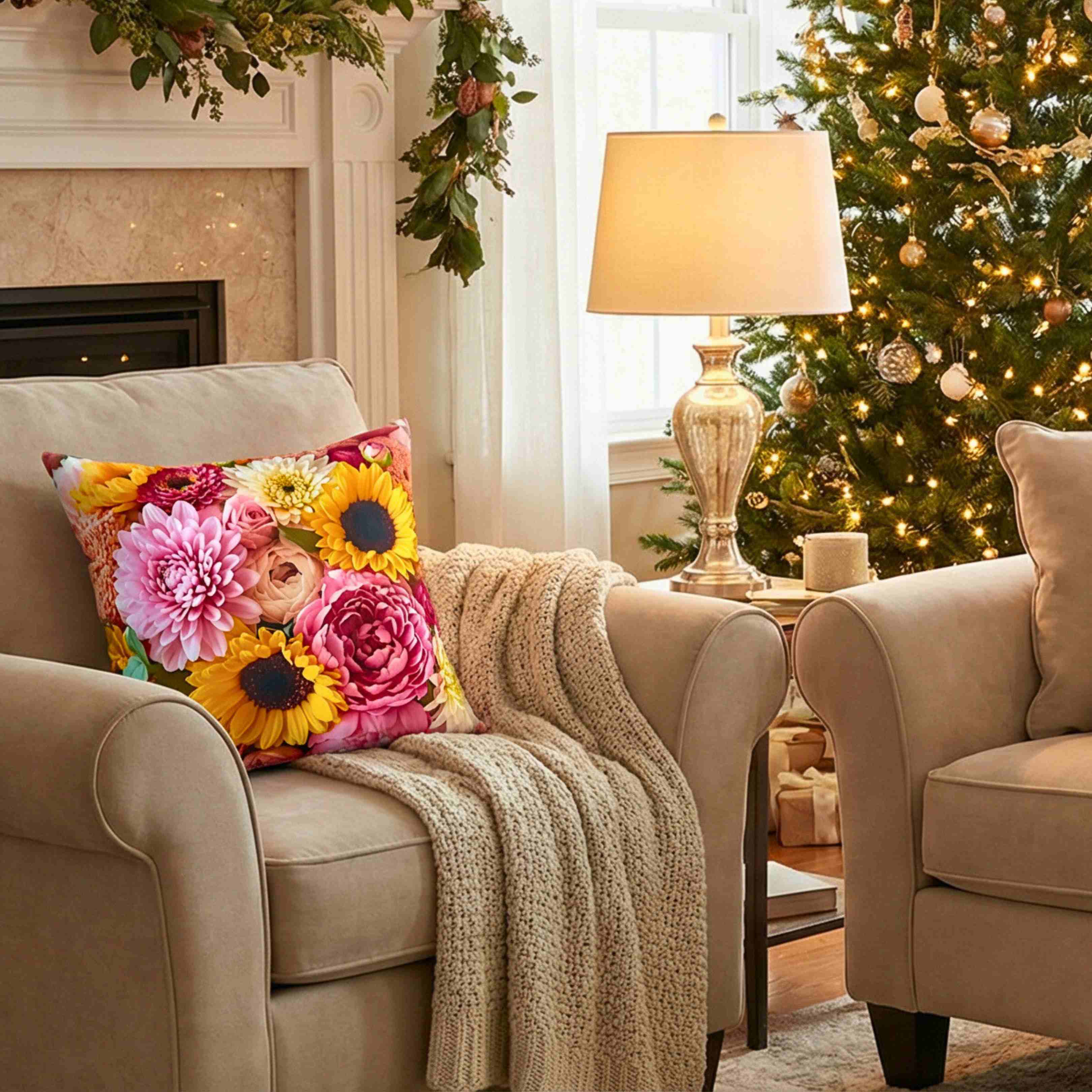 Sunflower and Pink Floral Pillow | Decorative Square Cushion product thumbnail image