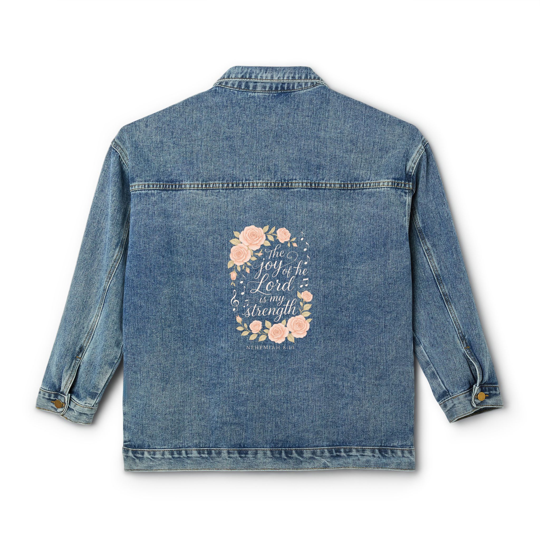 Women's - Joy of the Lord Nehemiah 8:10 Denim Jacket product thumbnail image Women's - Joy of the Lord Nehemiah 8:10 Denim Jacket product thumbnail image