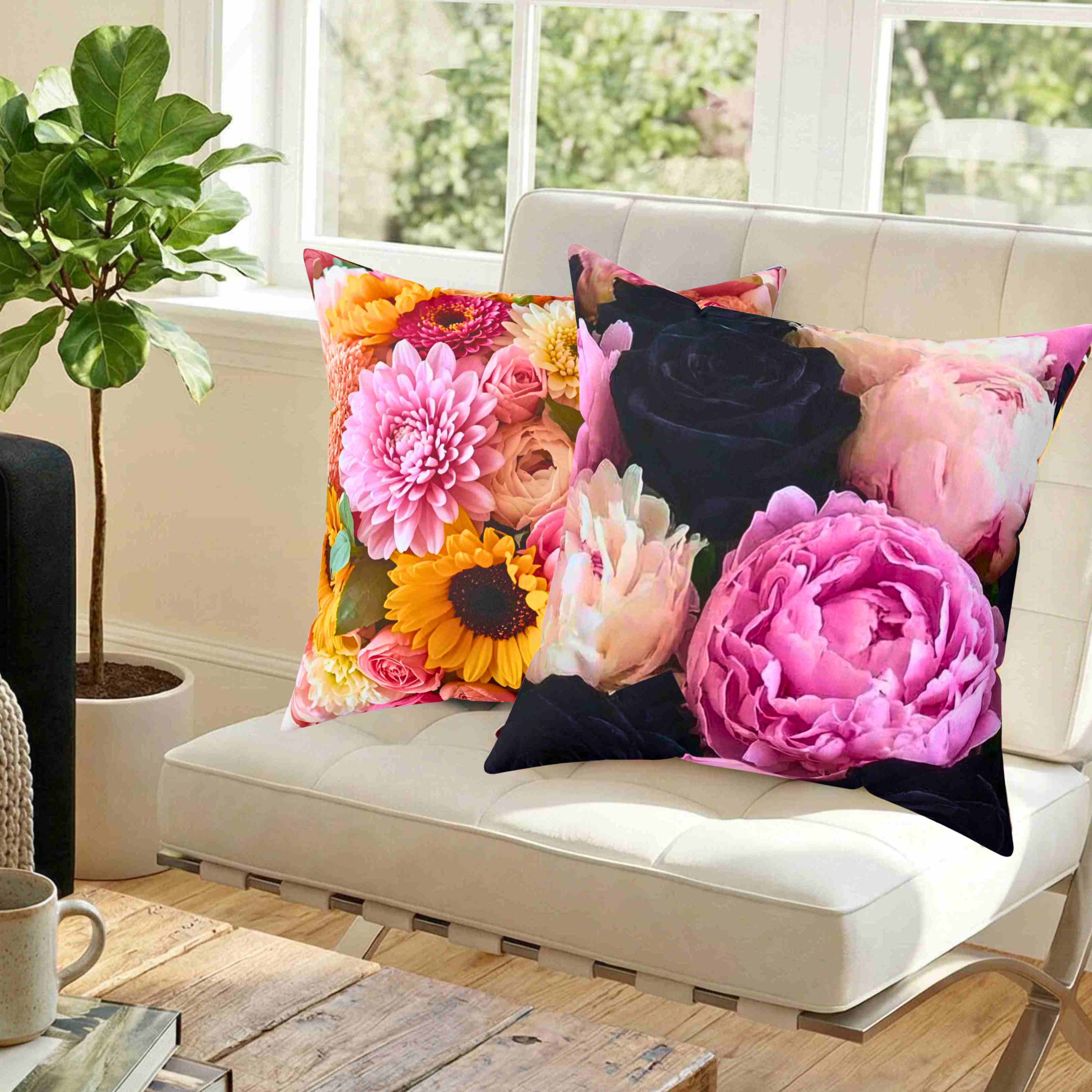 Sunflower and Pink Floral Pillow | Decorative Square Cushion product thumbnail image