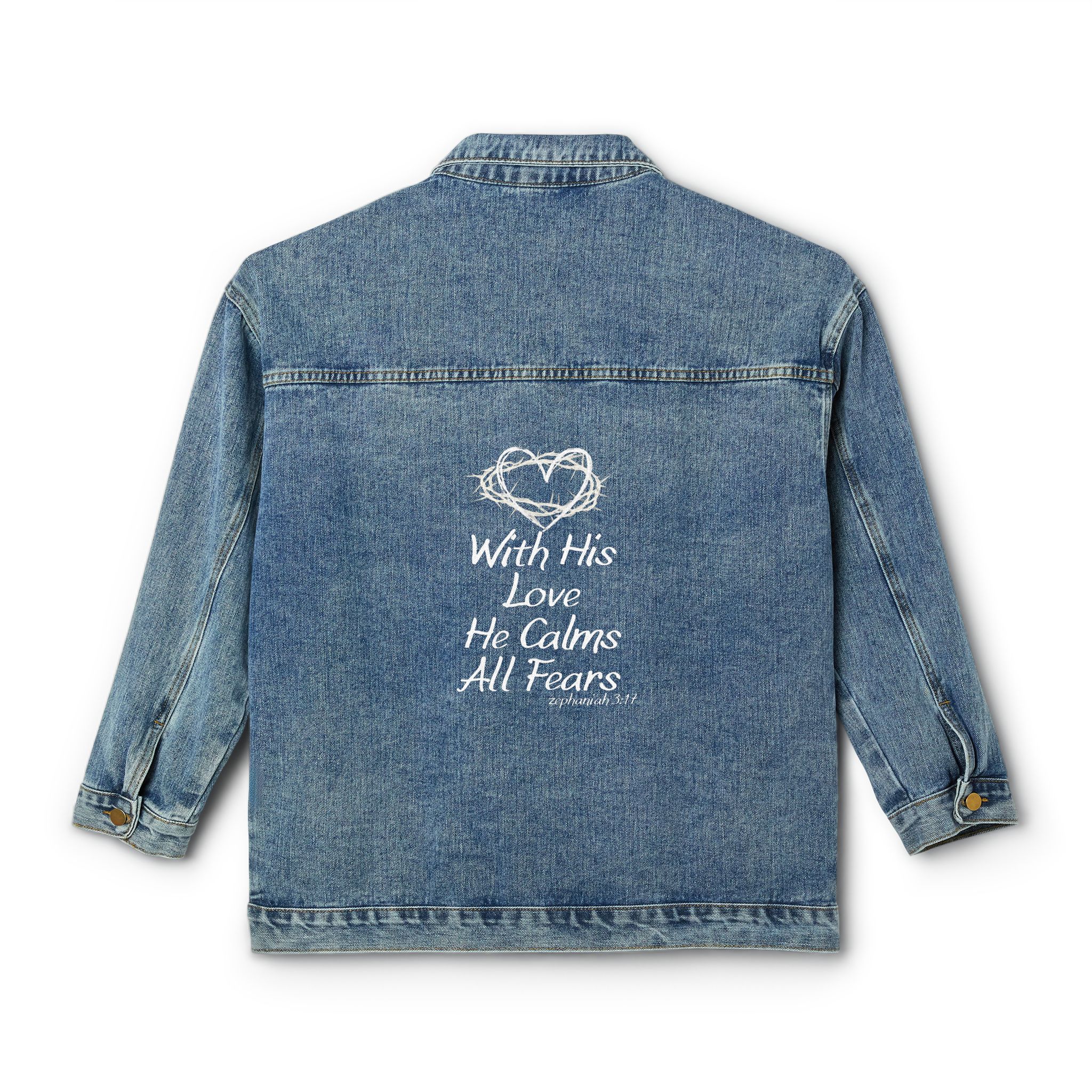 Women's - With His Love He Calms All Fears Zephaniah 3:17 Denim Jacket product thumbnail image Women's - With His Love He Calms All Fears Zephaniah 3:17 Denim Jacket product thumbnail image