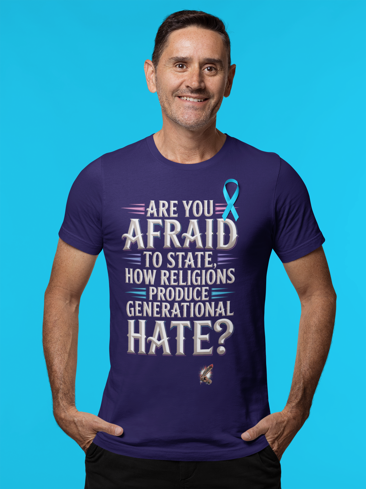 T-Shirt — "Are You Afraid to State How Religions Produce Generational Hate?" Social Justice Tee product thumbnail image