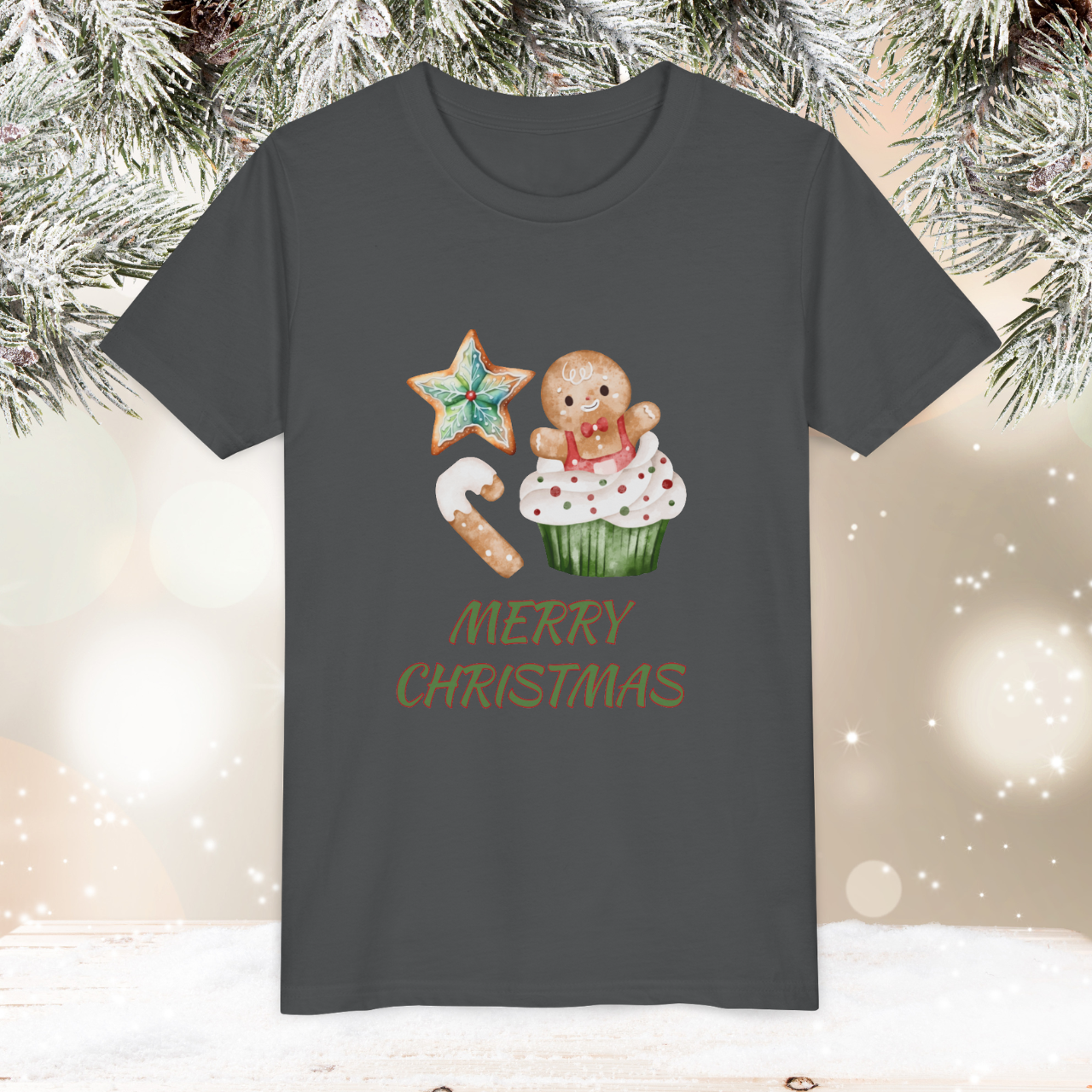 Youth Gingerbread Christmas T-Shirt | Matching Family Christmas Outfit | Merry Christmas Cookie Tee for Kids | Cute Holiday Gingerbread &amp; Star Cookie Shirt  product thumbnail image