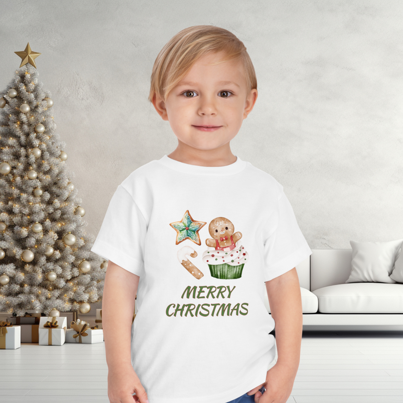Merry Christmas Toddler Tee | Matching Family Christmas Outfit | Gingerbread Cupcake Holiday Shirt product thumbnail image