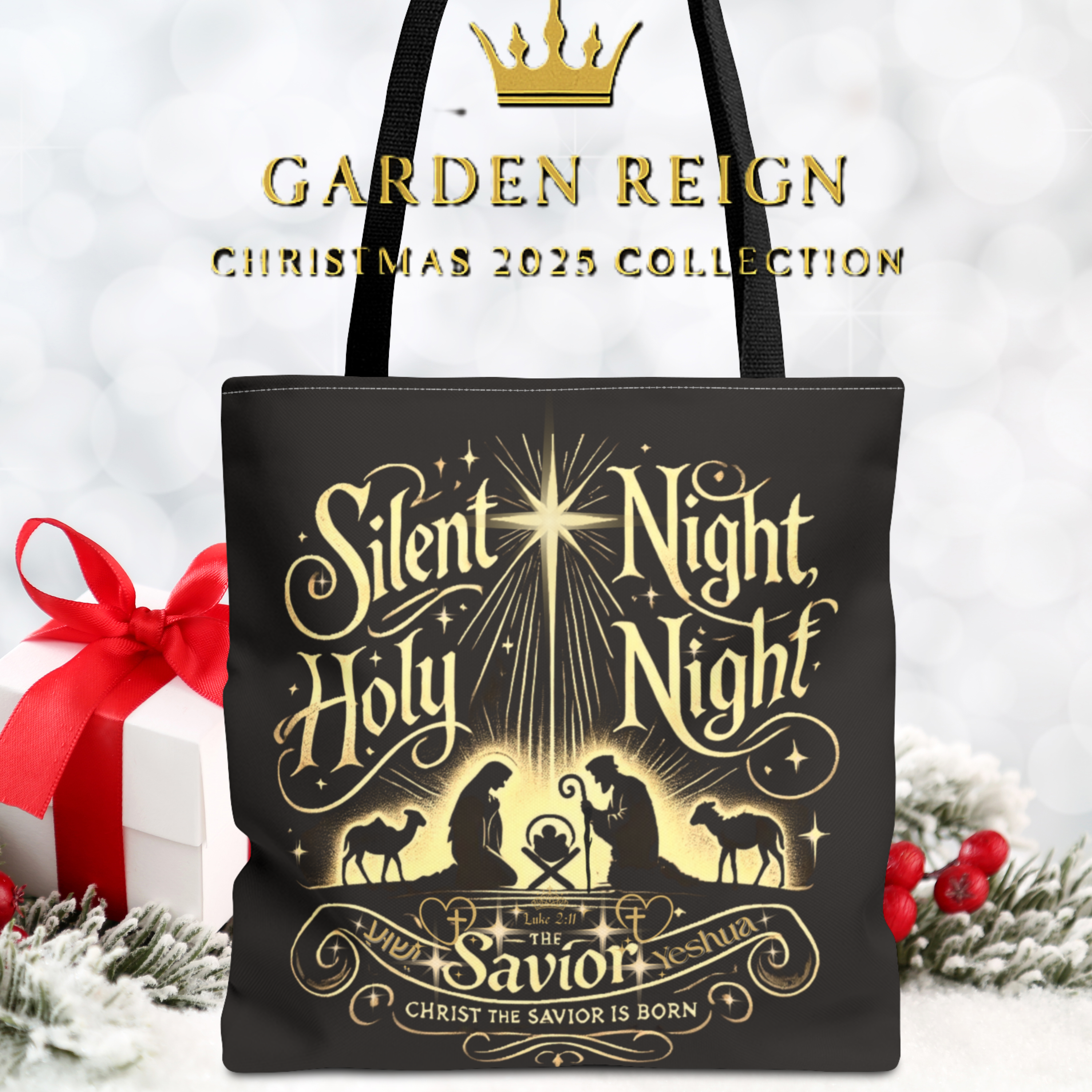 O Holy Night Tote Bag • Nativity Art with Yeshua in English & Hebrew • Christian Christmas Gift • Gold Holiday Tote by Garden Reign product thumbnail image O Holy Night Tote Bag • Nativity Art with Yeshua in English & Hebrew • Christian Christmas Gift • Gold Holiday Tote by Garden Reign product thumbnail image