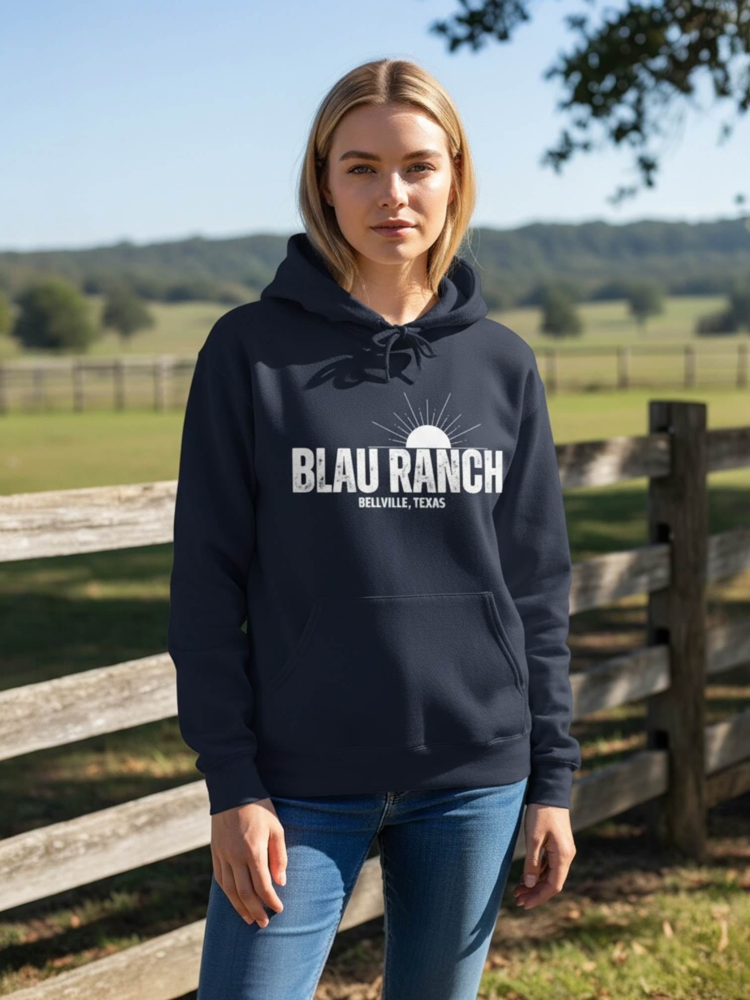 Blau Ranch Front Print Cozy Unisex Hoodie product thumbnail image