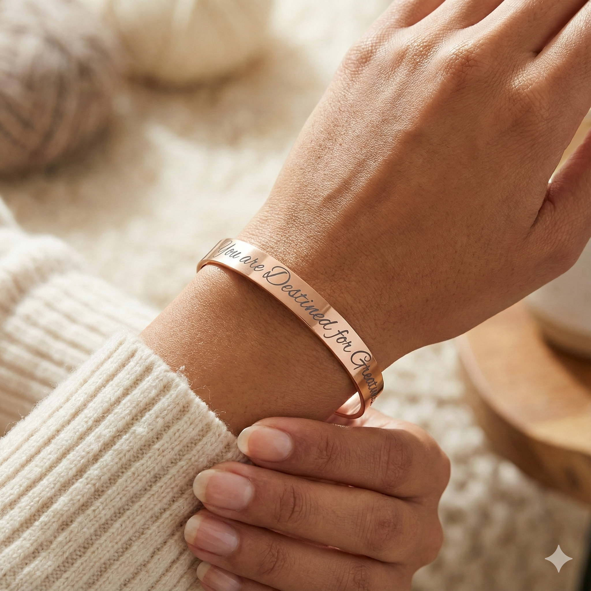 Engraved Rose Gold Cuff Bracelet — "Destined for Greatness" Inspirational Jewelry Gift product thumbnail image Engraved Rose Gold Cuff Bracelet — "Destined for Greatness" Inspirational Jewelry Gift product thumbnail image