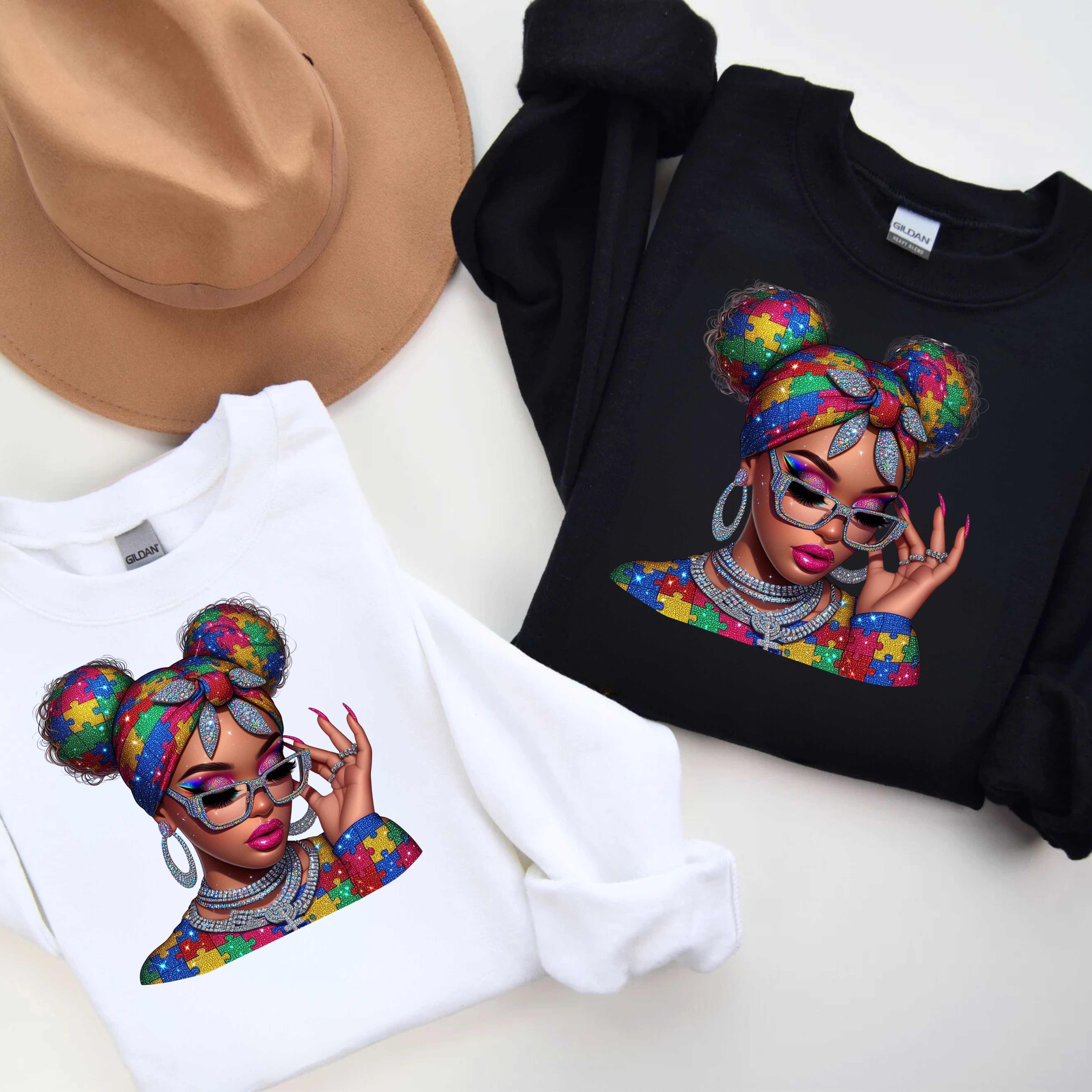 Autism Puzzle Piece Afro Woman Sweatshirt, Graphic Crewneck for Women