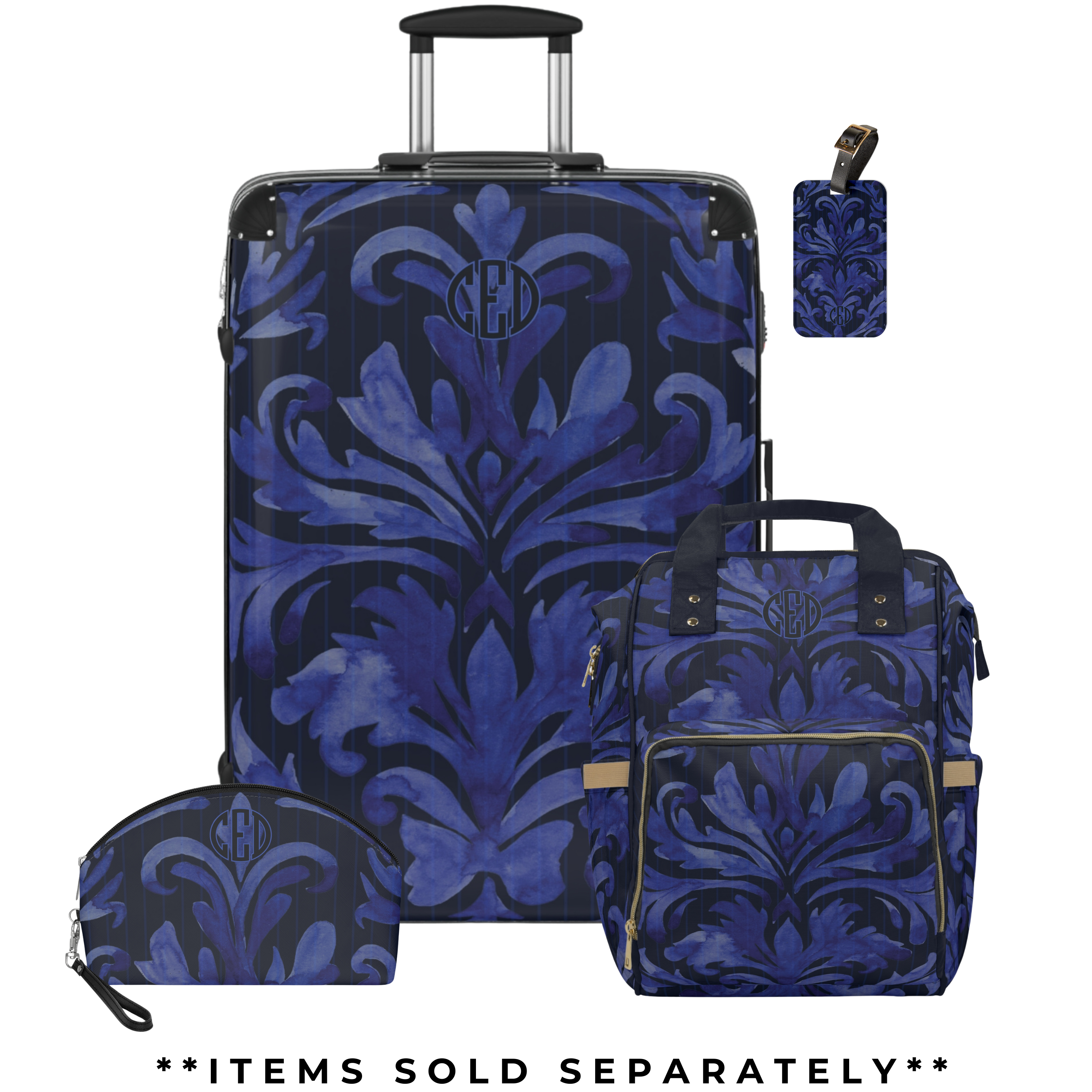 Monogram Suitcase with 360 Degree Swivel and Built-In Lock | Blue Floral Pinstripe Collection product thumbnail image Monogram Suitcase with 360 Degree Swivel and Built-In Lock | Blue Floral Pinstripe Collection product thumbnail image