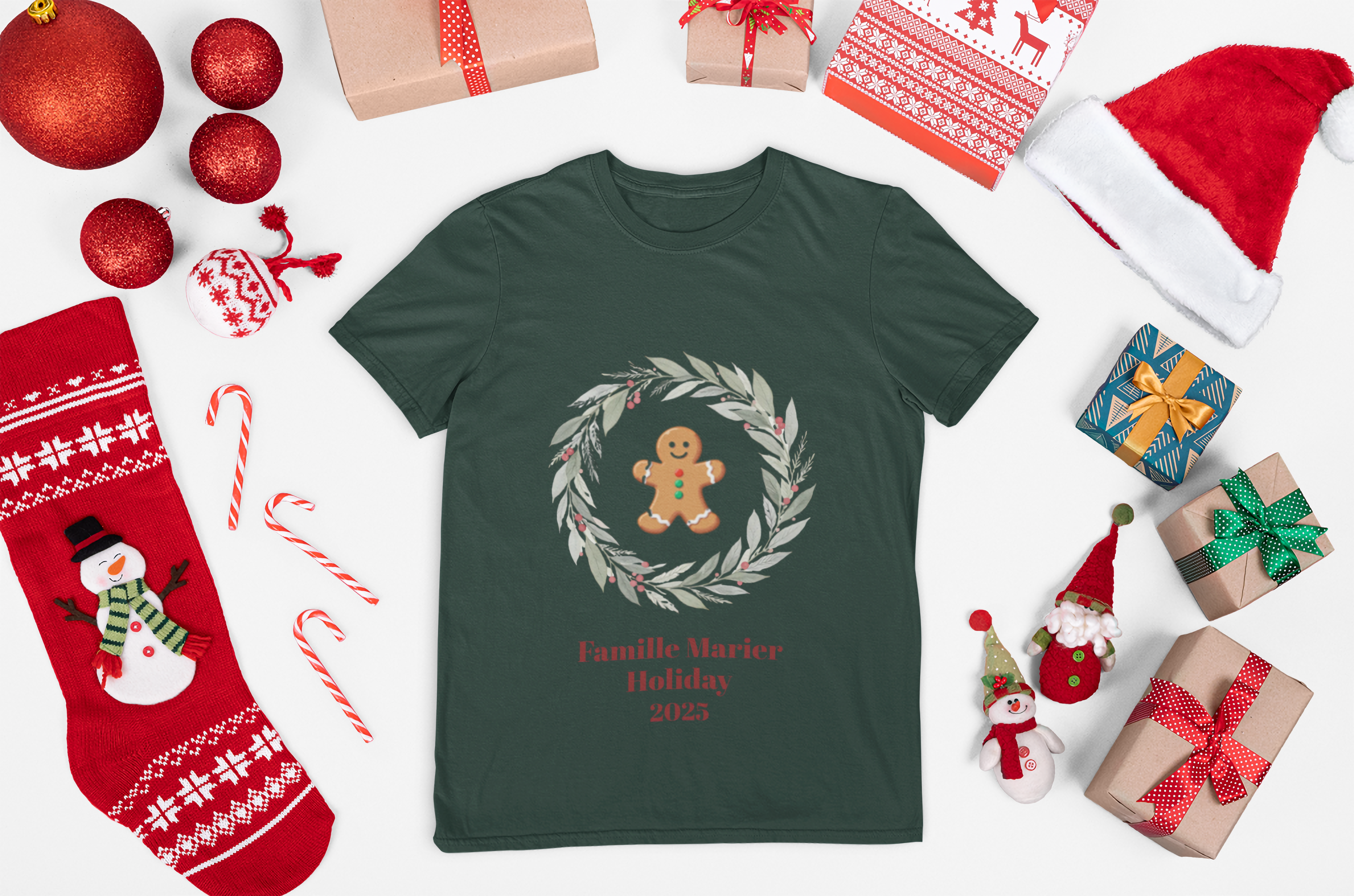 Personalized Holiday Family Tee – 'custom name and image christmas t-shirt' Festive Wreath Shir gifts, Personal gift idea product thumbnail image
