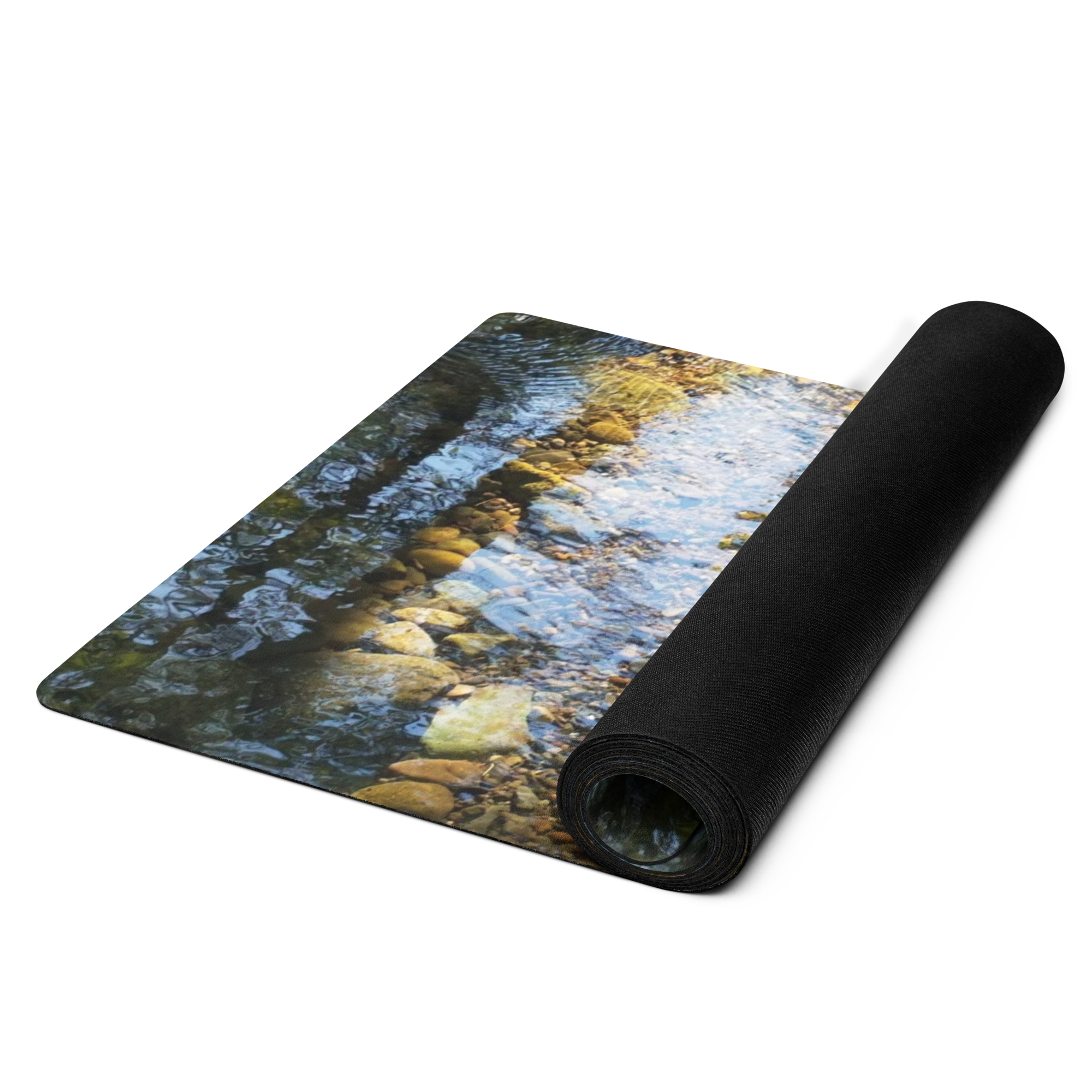 Abstract Coastal Pattern Rubber Yoga Mat — Earthy Blue &amp; Gold Meditation Mat River Reflection Multiplied product thumbnail image