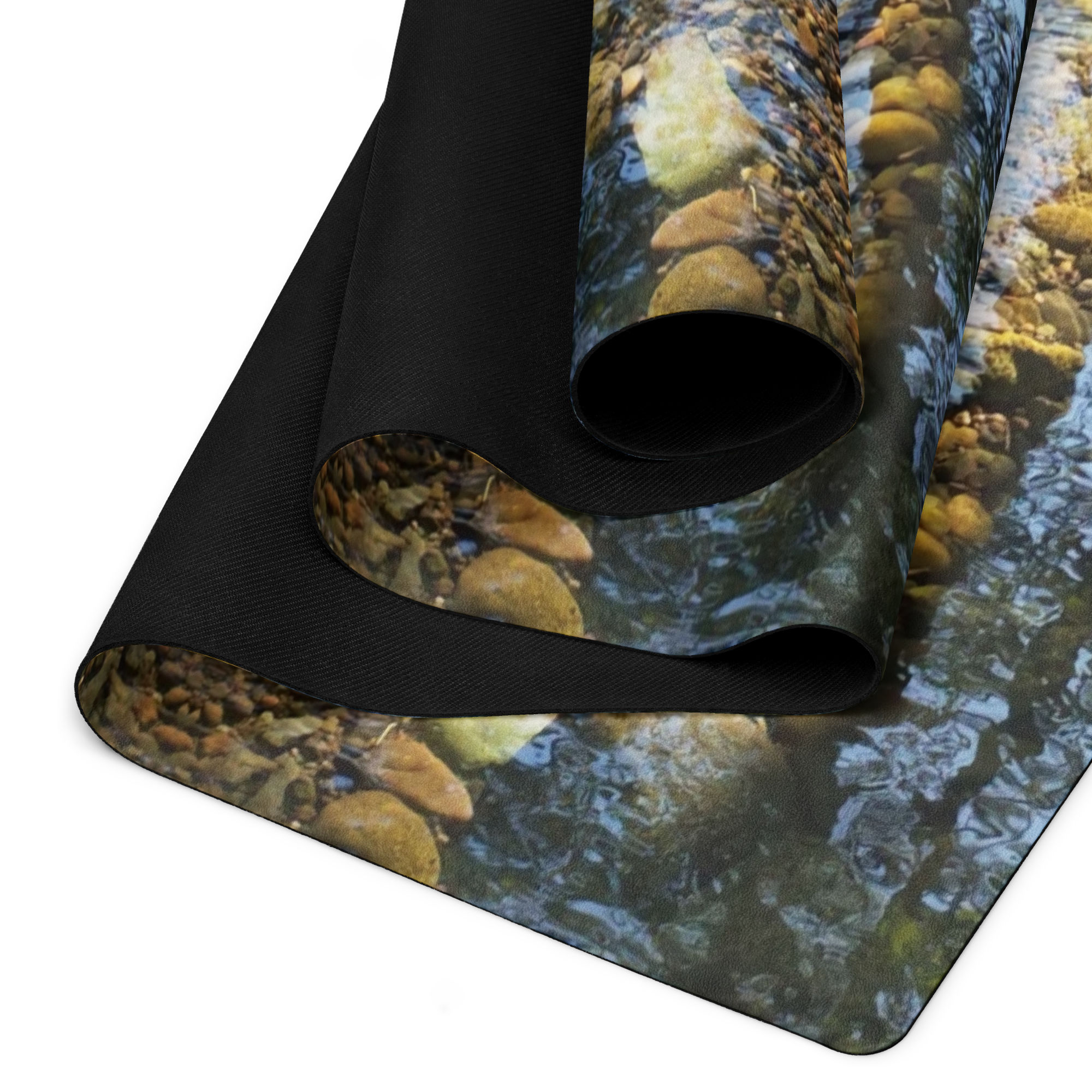 Abstract Coastal Pattern Rubber Yoga Mat — Earthy Blue &amp; Gold Meditation Mat River Reflection Multiplied product thumbnail image