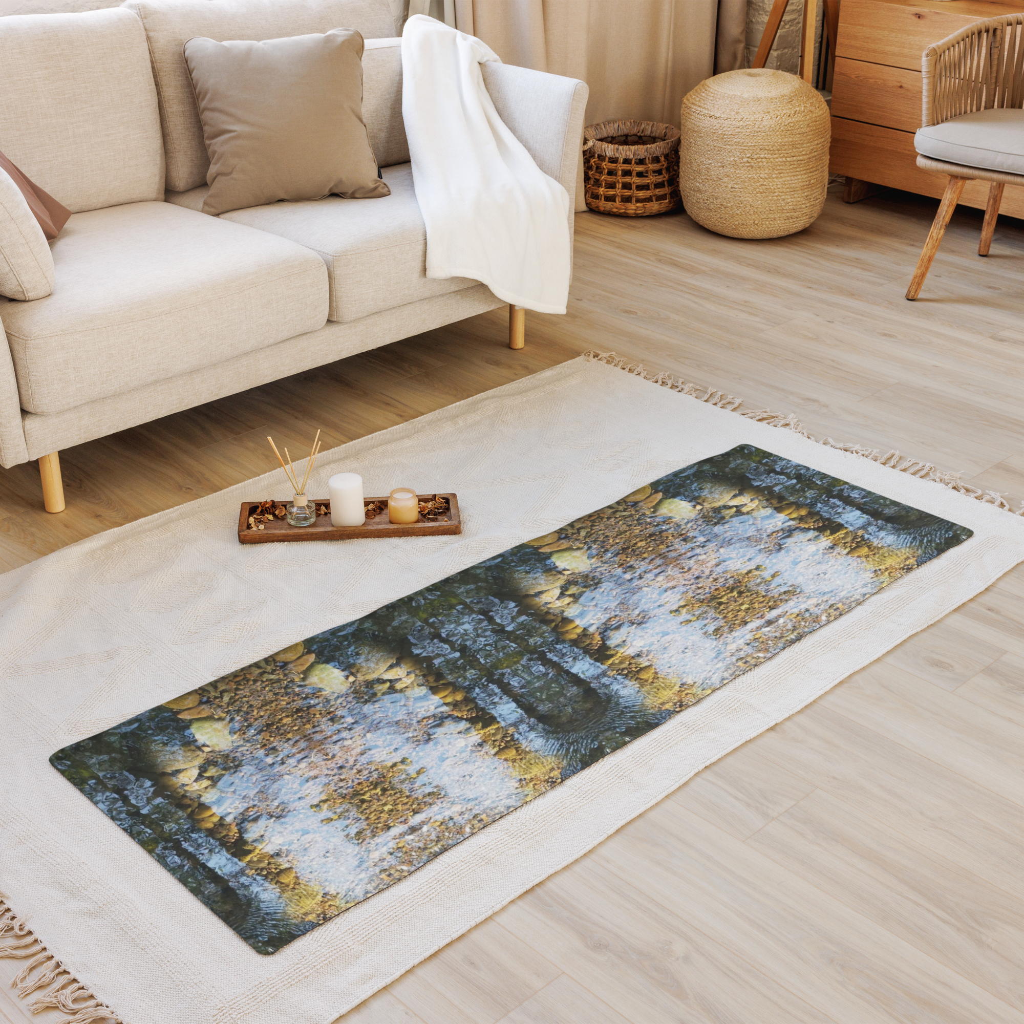 Abstract Coastal Pattern Rubber Yoga Mat — Earthy Blue &amp; Gold Meditation Mat River Reflection Multiplied product thumbnail image