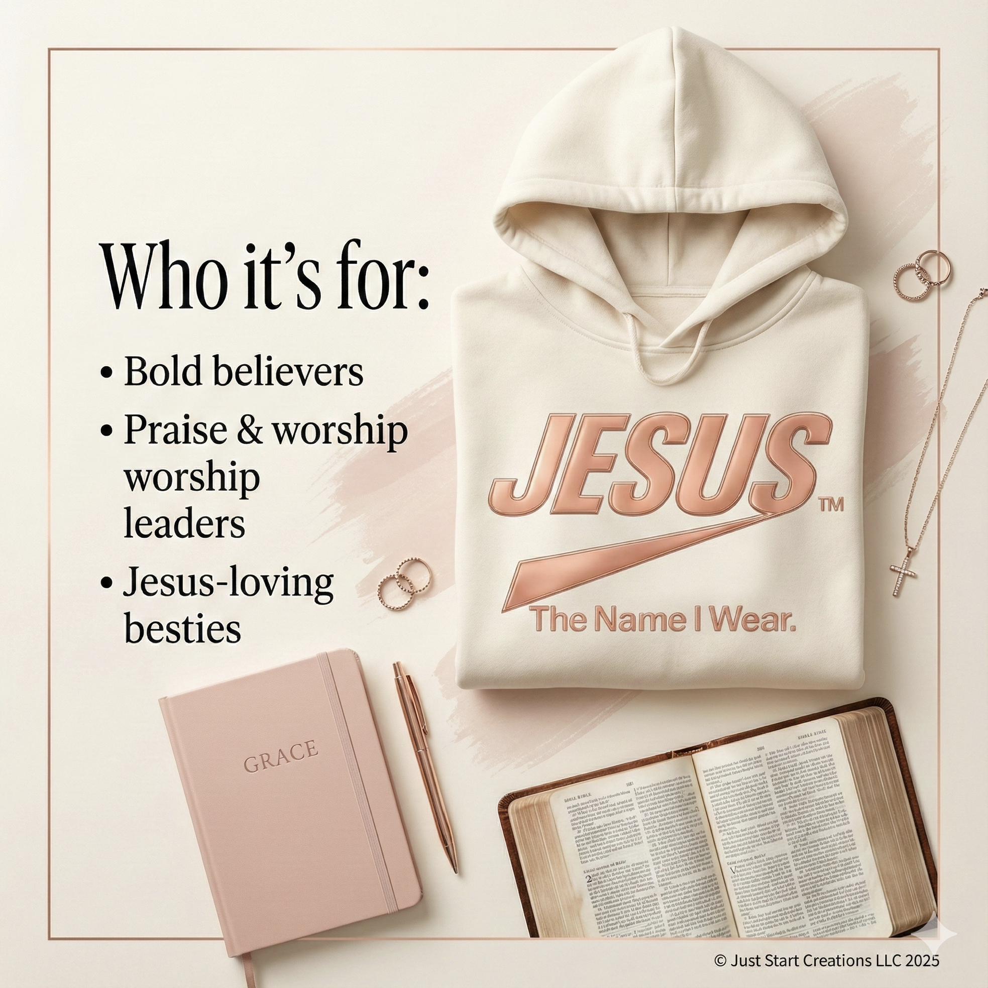 Limited Edition Jesus Hoodie – “The Name I Wear” Rose Gold Christian Hoodie, Holiday Faith Sweatshirt, Unisex Christmas Hoodie product thumbnail image