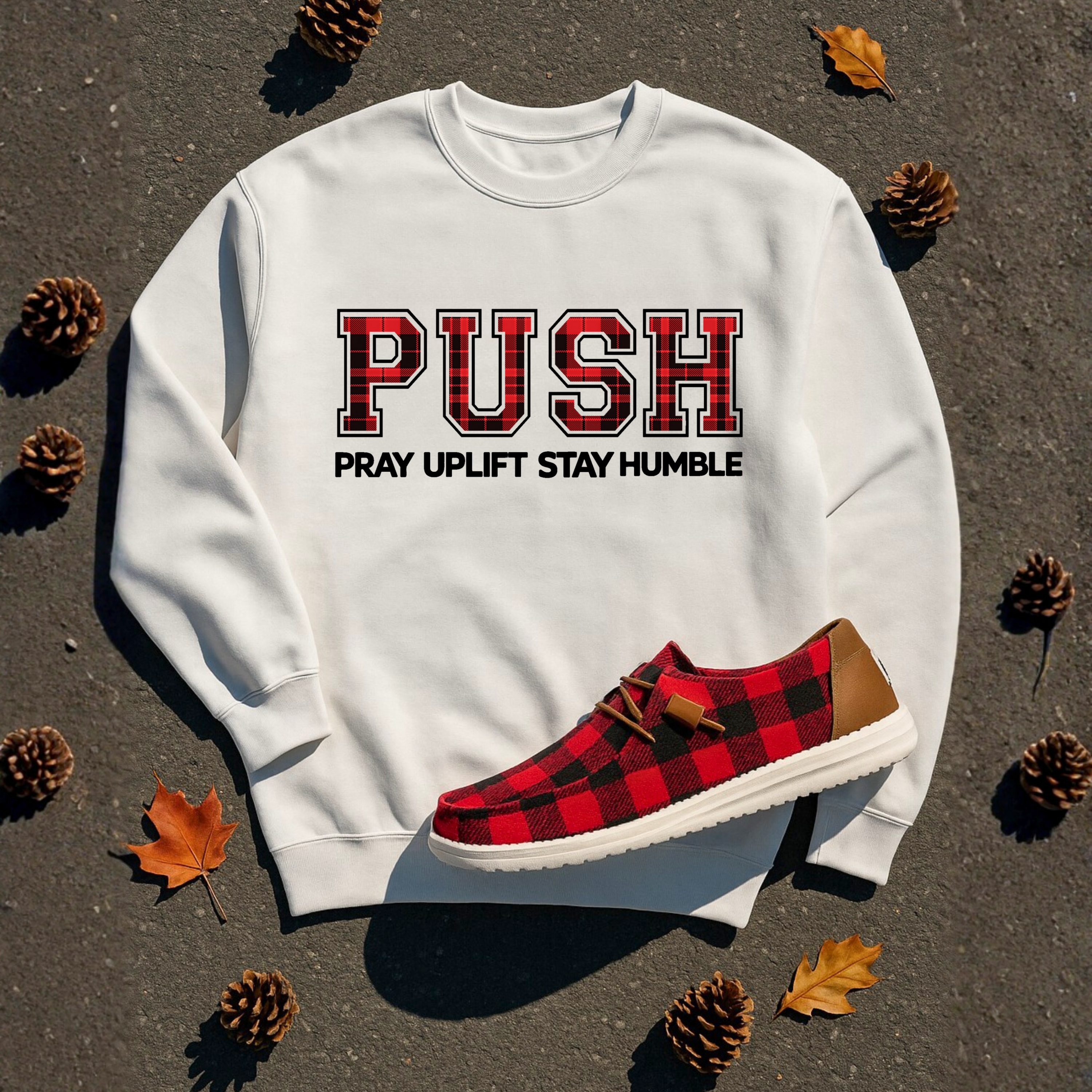 Unisex "PUSH" Plaid Artic White/Red/Black Sweatshirt product thumbnail image
