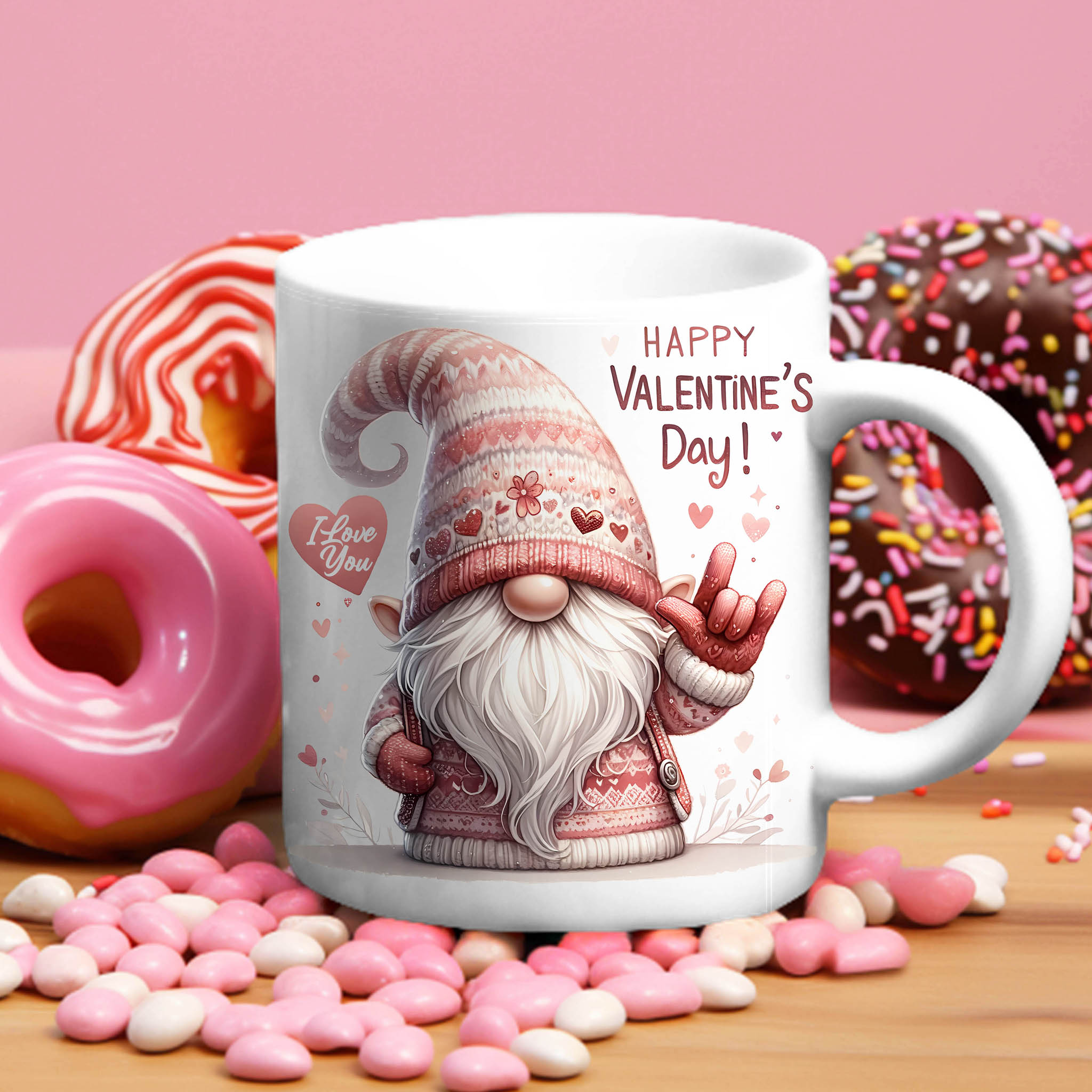 ASL ILY Valentine's Gnome Ceramic Mug - American Sign Language 'I Love You' - 'Happy Valentine’s Day' Cute Gnome Coffee Cup (11oz/15oz)