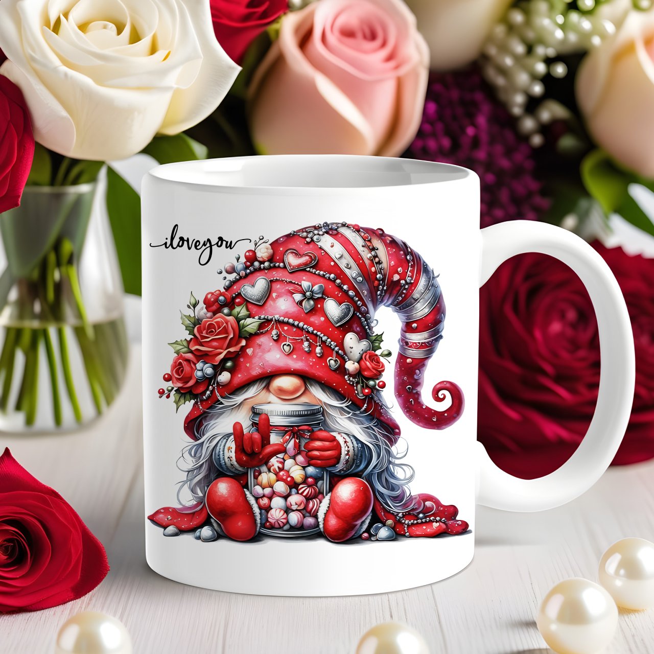 ASL ILY Valentine's Gnome Ceramic Mug - American Sign Language 'I Love You' - 'Happy Valentine’s Day' Cute Gnome Coffee Cup (11oz/15oz) product thumbnail image