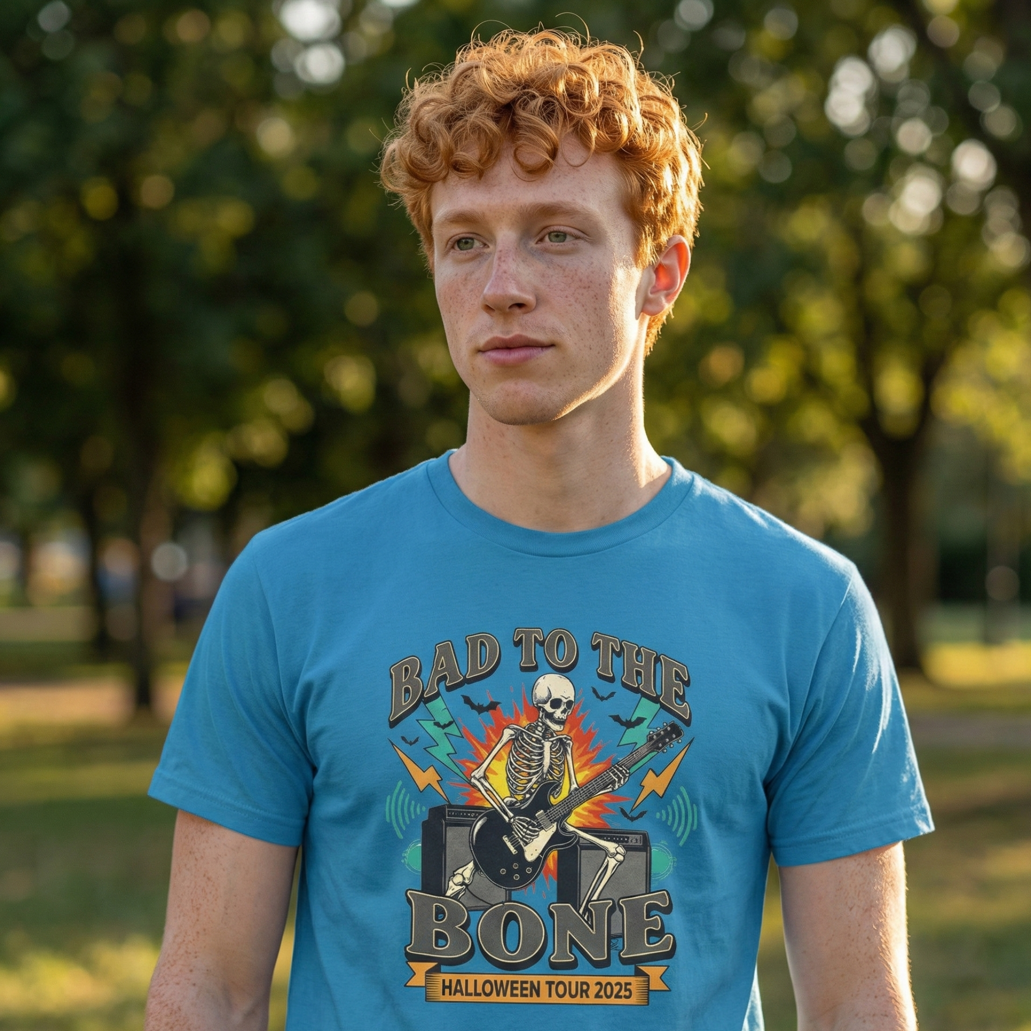 Halloween Rock Band Tee with Skeleton Design, Unisex Short Sleeve Shirt, Perfect for Music Lovers, Halloween Costume, Concert Attire, [...] product thumbnail image