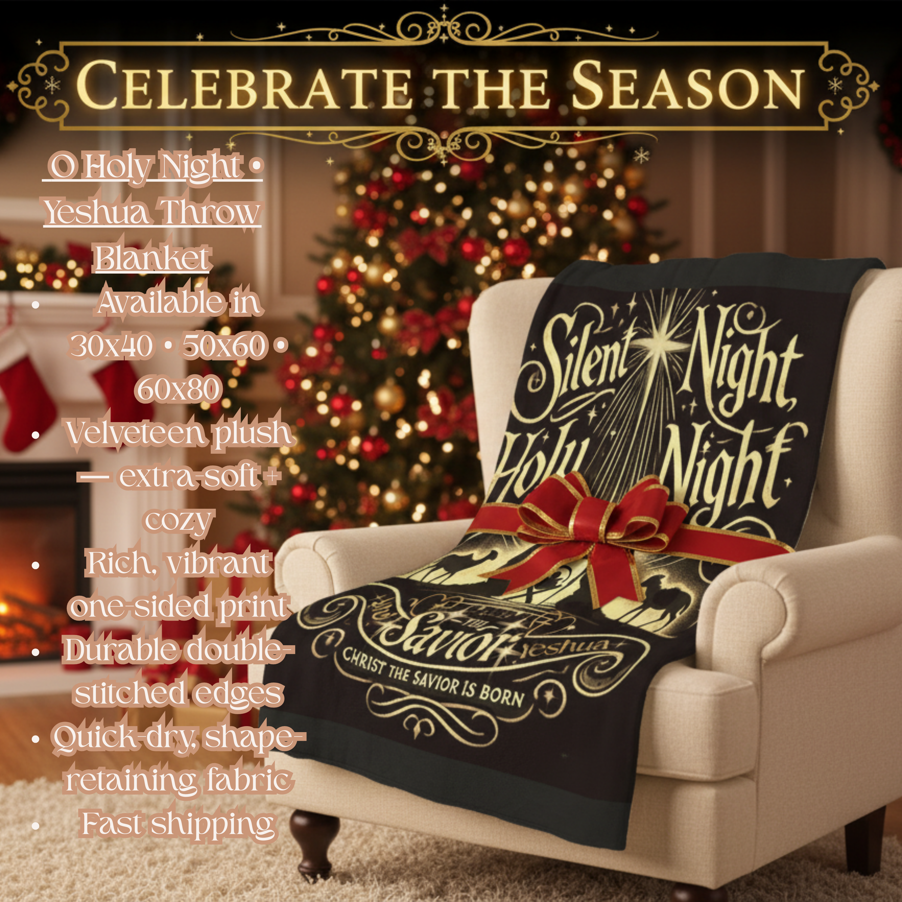 O Holy Night Yeshua Throw Blanket/ Christian Christmas Nativity Blanket/ Cozy Velveteen Plush throw product thumbnail image O Holy Night Yeshua Throw Blanket/ Christian Christmas Nativity Blanket/ Cozy Velveteen Plush throw product thumbnail image