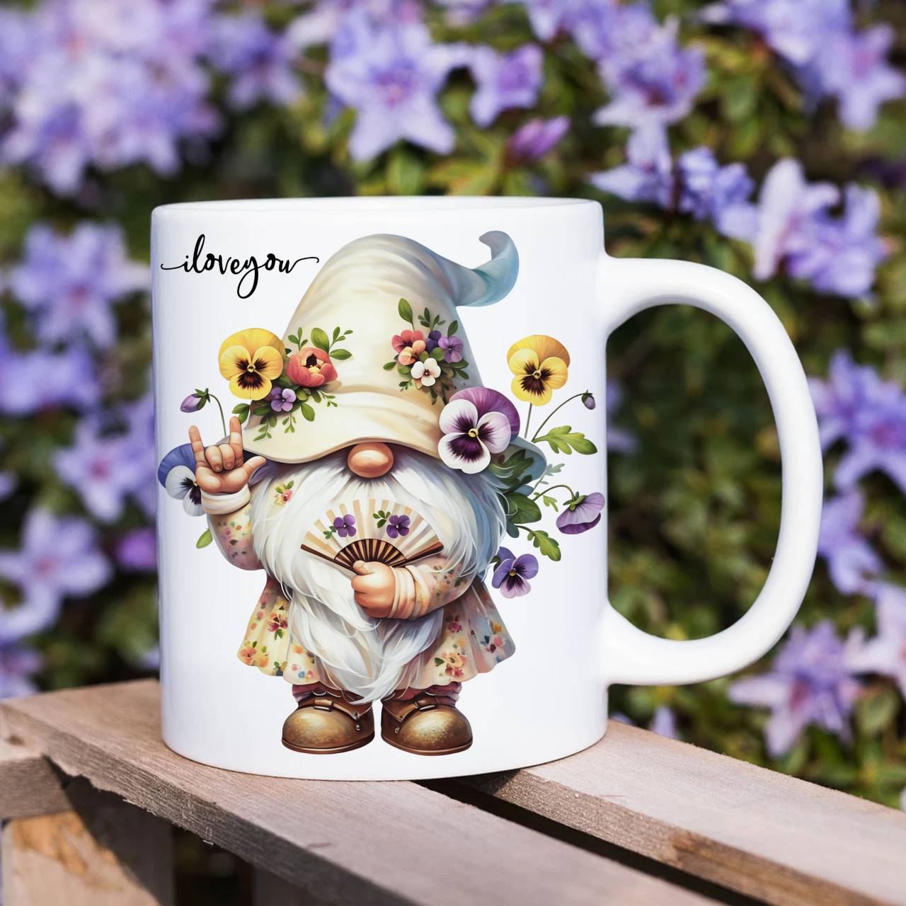 ASL ILY Gnome, Pansy Bouquet Ceramic Mug - American Sign Language 'I Love You' Floral Watercolor Tea &amp; Coffee Cup (11oz, 15oz) product thumbnail image